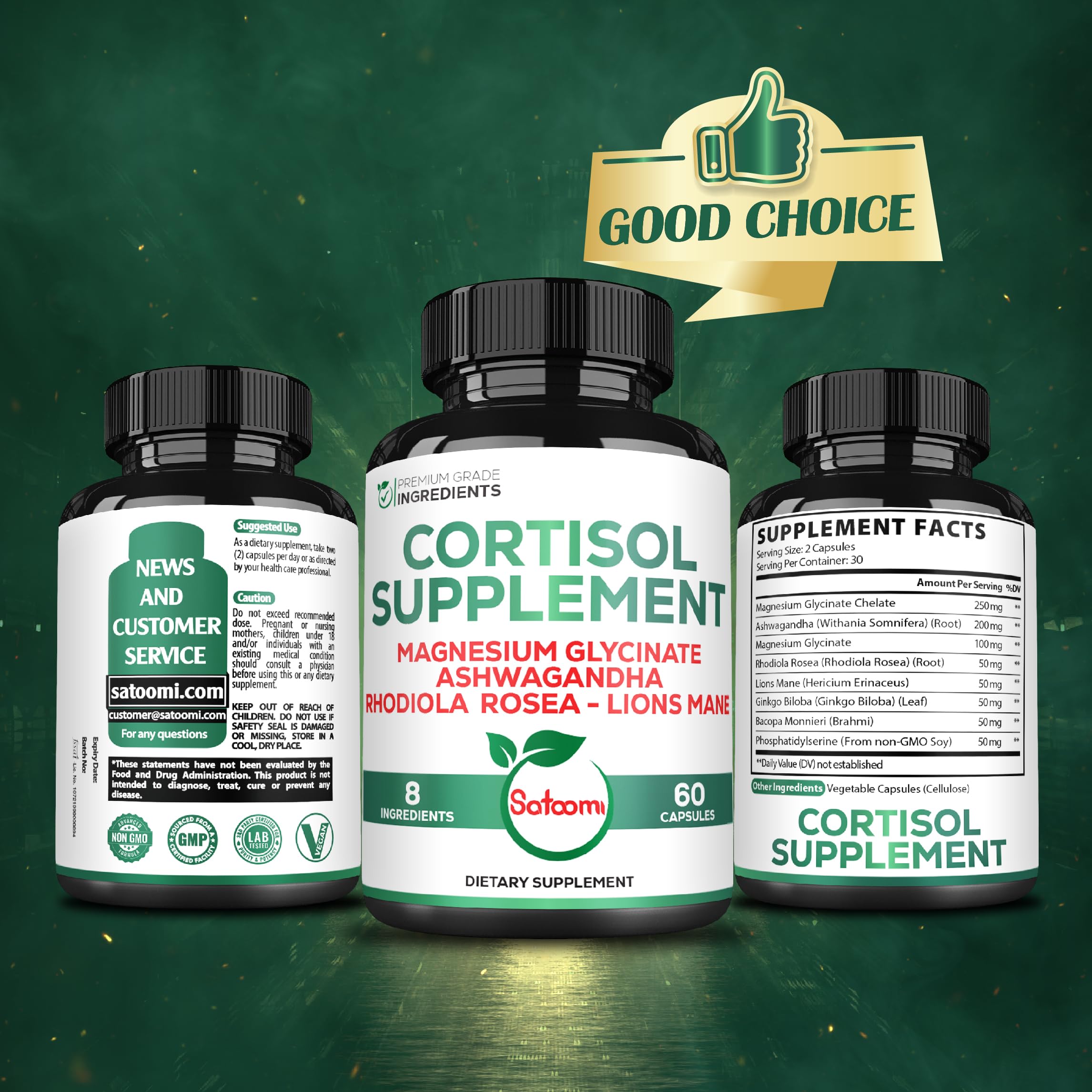 Satoomi 8in1 Cortisol Manager with Magnesium Glycinate, Ashwagandha, Rhodiola Rosea, Lions Mane & More - Cortisol Reducer Supplement Men & Women - 60 Capsules SatoomiAu supplements