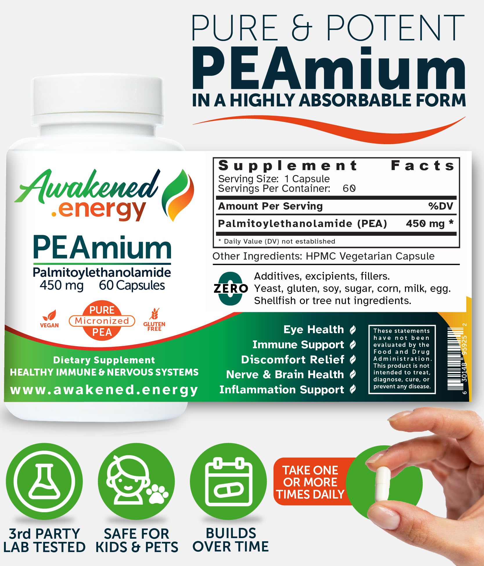 Palmitoylethanolamide 450mg Comfort Mobility Nerves Cognitive & Immune Support - Micronized High Absorption - All Natural Pea - USA Made - No Additives or Excipients – 60 Vegan Capsules Supplement Awakened.energyAu supplements