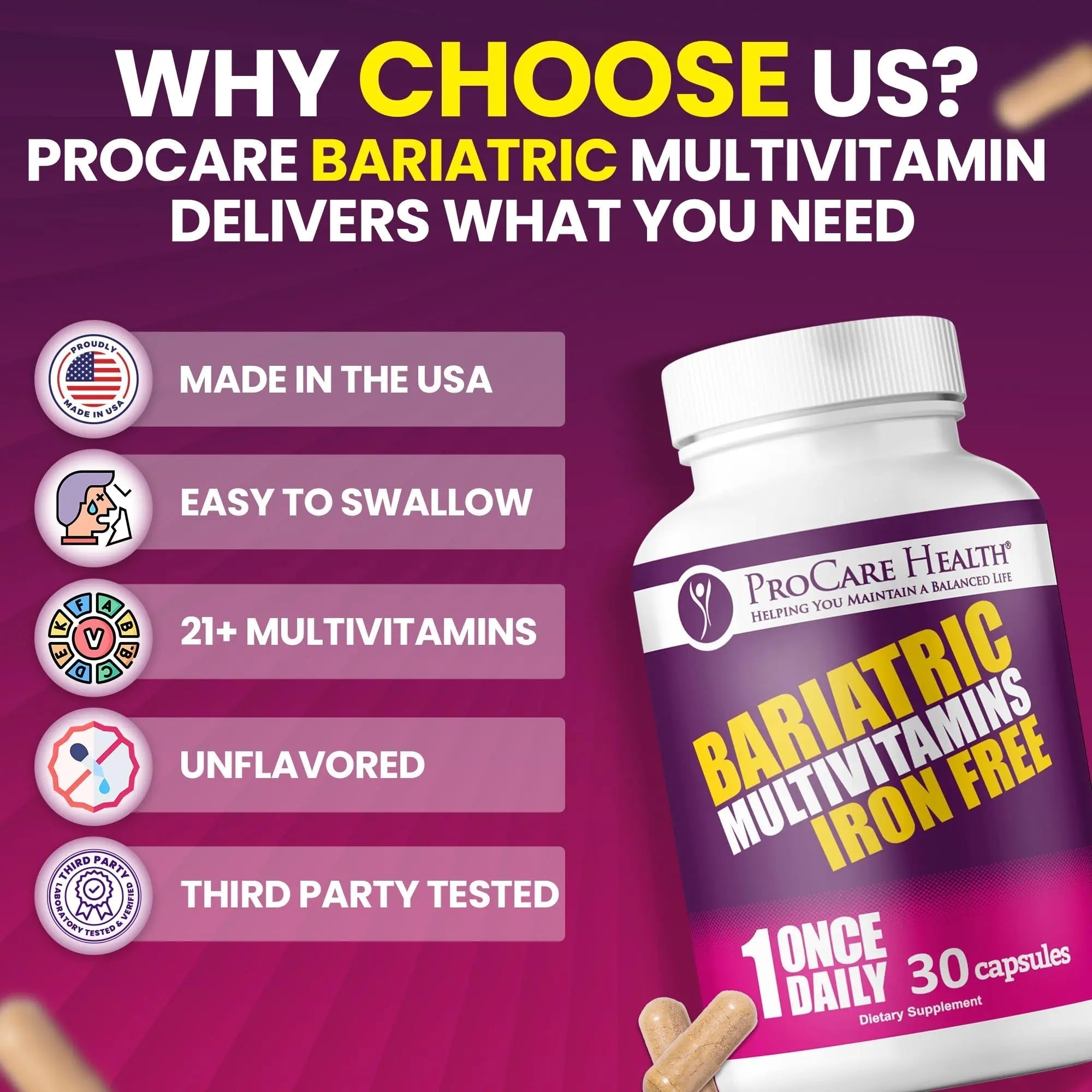 Procare Health Bariatric Multivitamin with Iron Free (30 Fast Dissolving Veggie Capsule) - Bariatric Vitamins for Gastric Sleeve & Gastric Bypass ProCare HealthAu supplements