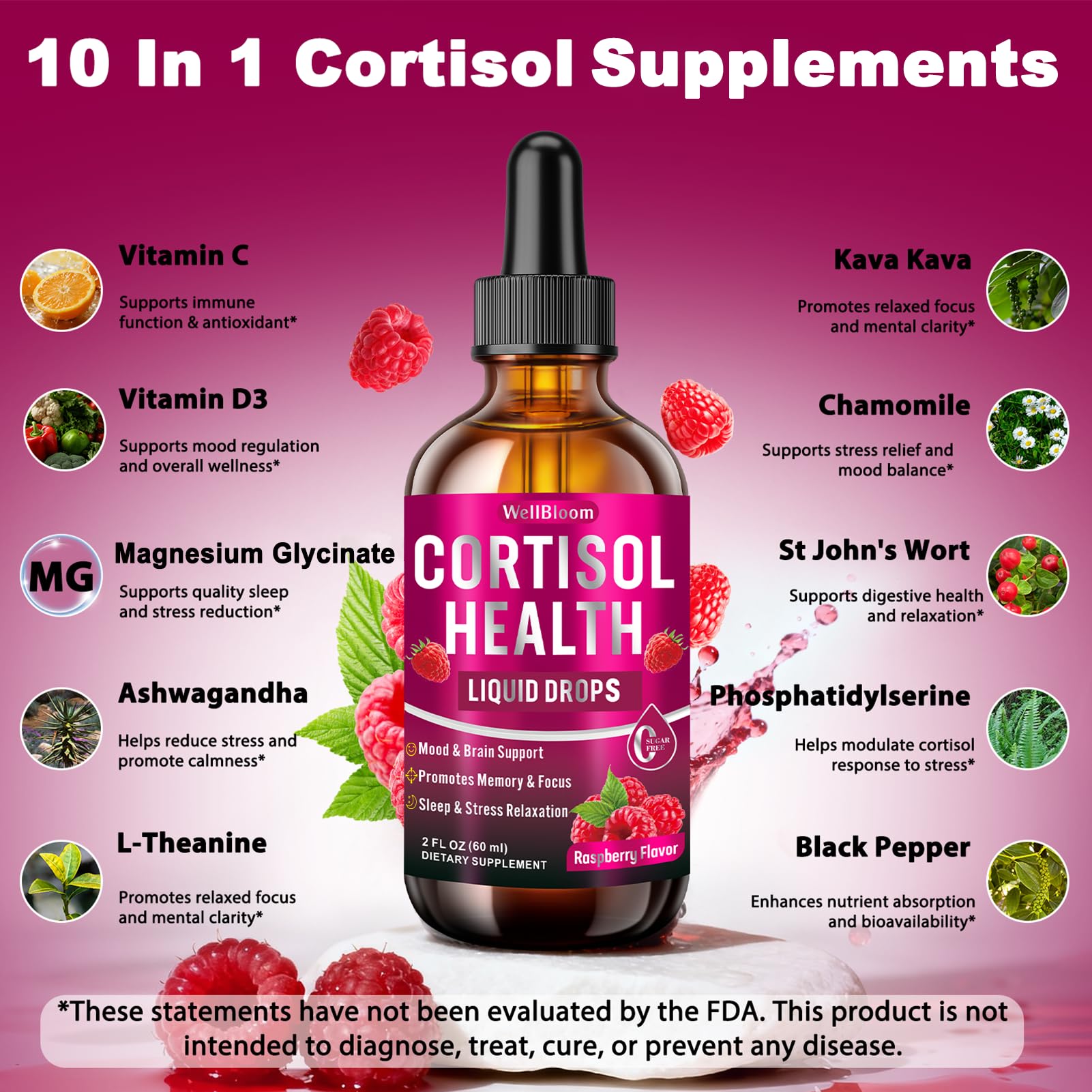 WellBloom Cortisol Reducer for Women & Men with Magnesium Glycinate, Ashwagandha, L-Theanine - Supports Stress Relief, Sleep & Heart Health, Nerves, Muscles - 2 Fl Oz WellBloomAu supplements