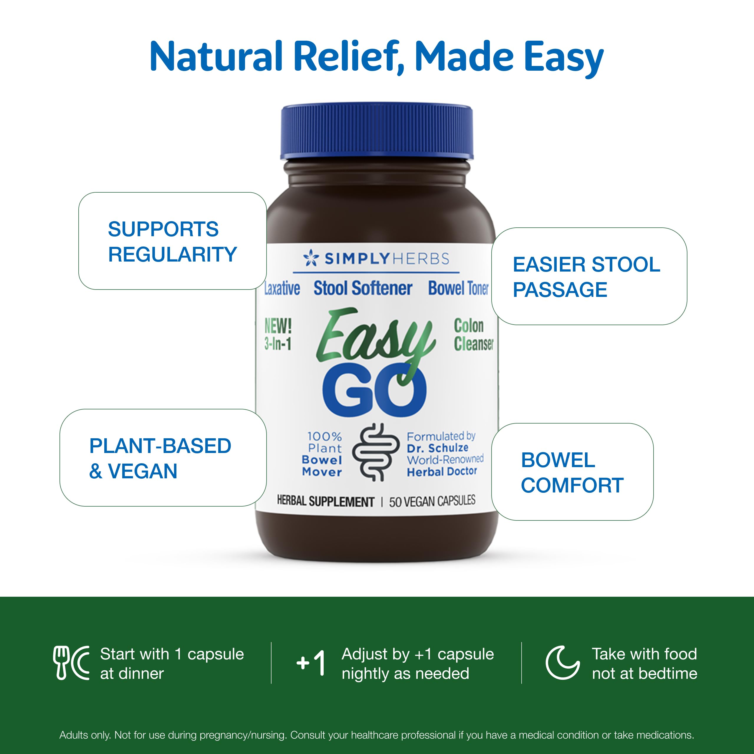 Simply Herbs Easy Go Bowel Mover - Adult Cleansing Supplement for Colon Health Support - Bowel Movement Aid - Stool Softener - Daily-Use Laxative - Plant-Based Ingredients - Vegan - 50 Count Dr. Schulze'sAu supplements