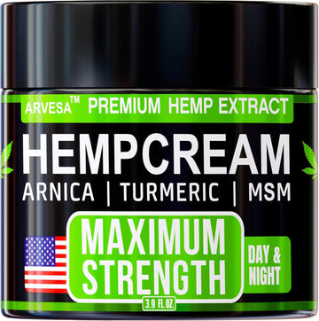 Hemp Cream - Maximum Strength - Natural Hemp Oil Extract Gel Rub with MSM - Glucosamine - Arnica - Turmeric - Maximum Strength - Formulated in USA - 3.9 oz ArvesaAu supplements