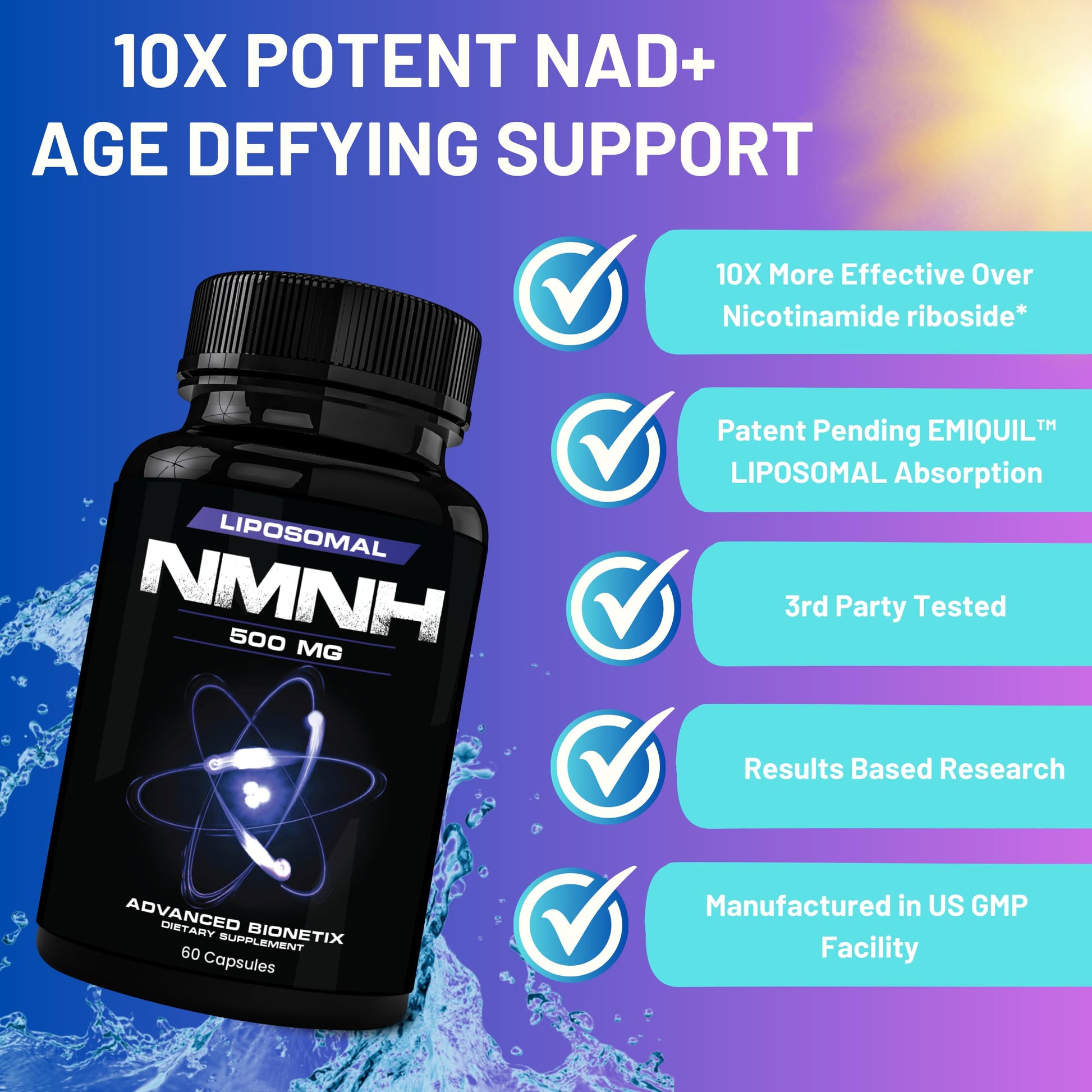 Advanced Bionetix Liposomal NMNH 500mg Per Serving -NMN Supplement Alternative- 60 Capsules (Dihydronicotinamide Mononucleotide) NAD Supplement to Boost NAD+ Levels for Anti Aging (60) Advanced BionetixAu supplements