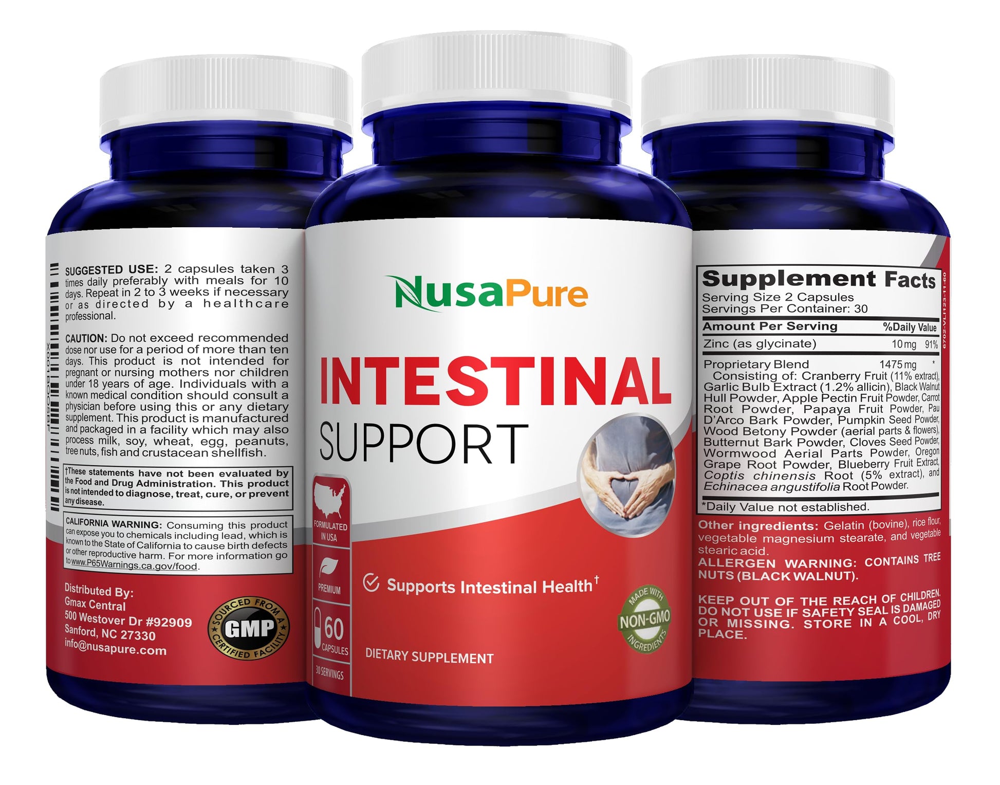 NusaPure Intestinal Support for Humans (Non-GMO), Wormwood, Garlic, Black Walnut Hull, 60 Capsules NusaPureAu supplements