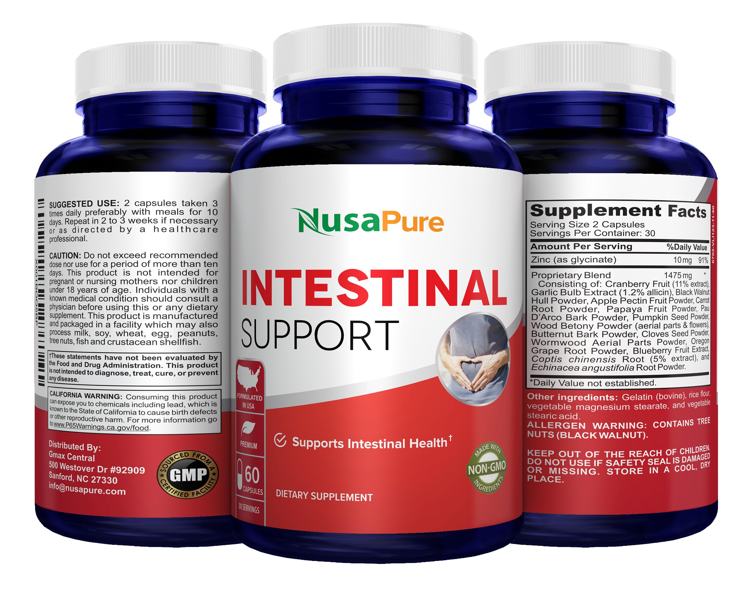 NusaPure Intestinal Support for Humans (Non-GMO), Wormwood, Garlic, Black Walnut Hull, 60 Capsules NusaPureAu supplements