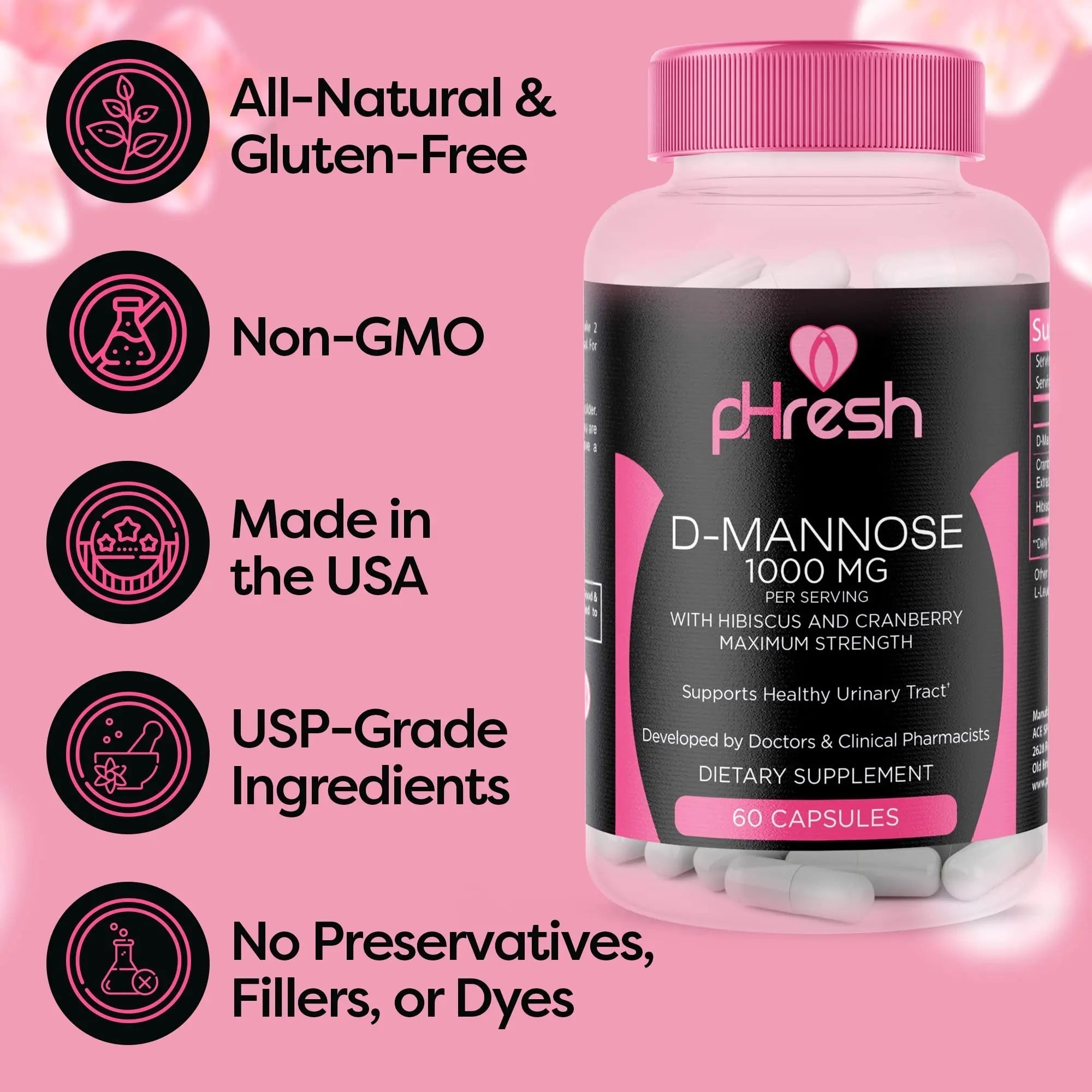 ACE NUTRITION pHresh D-Mannose with Cranberry Capsules for Women and Men, Maximum Strength 1000 mg Per Serving - Supports: Urinary Tract Health - Made in The USA ACE NUTRITIONAu supplements