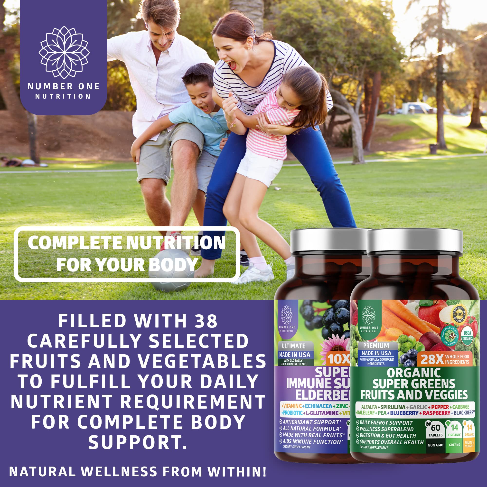 N1N Premium Organic Super Fruits & Veggies + Immune Support [38 Powerful Ingredients], Natural Super Greens Supplement with Alfalfa, Vitamins & Minerals, Zinc, Turmeric and Probiotic, 120 Caps Number One NutritionAu supplements