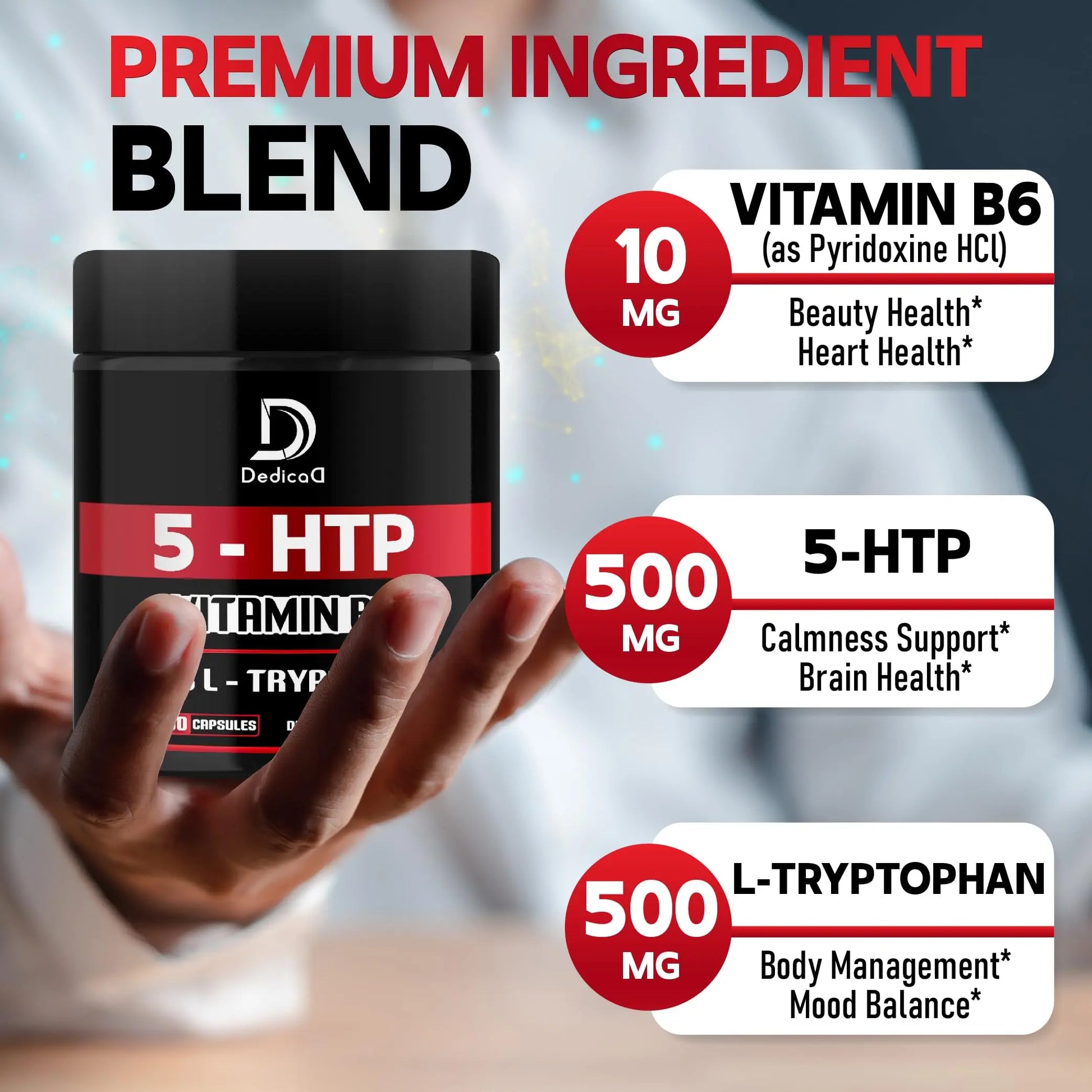 DEDICAD 5 HTP Supplement 1010mg - 60 Capsules - 3in1 Combined with Vitamin B6, L-Tryptophan - Comfortable Mood, Brain Health, Body Management & Immune System Support DEDICADnz supplements