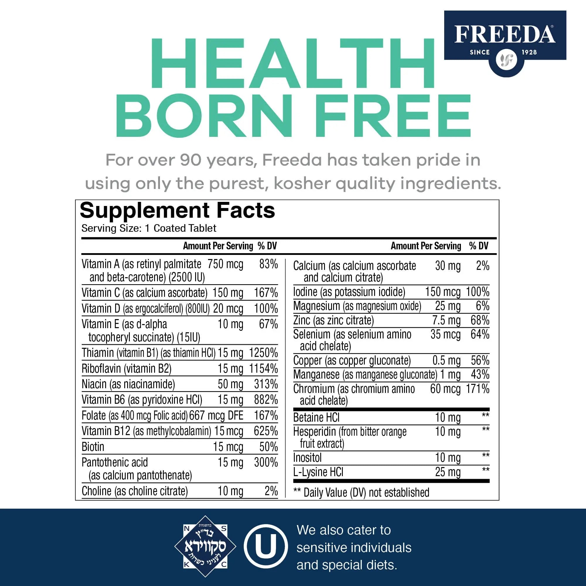 Freeda Senior Multivitamin - Kosher Vitamins for Men & Women 60 and Over - One Daily Coated Tablet - Women’s & Men’s Vitamins Multivitamin 60 Plus FREEDAAu supplements