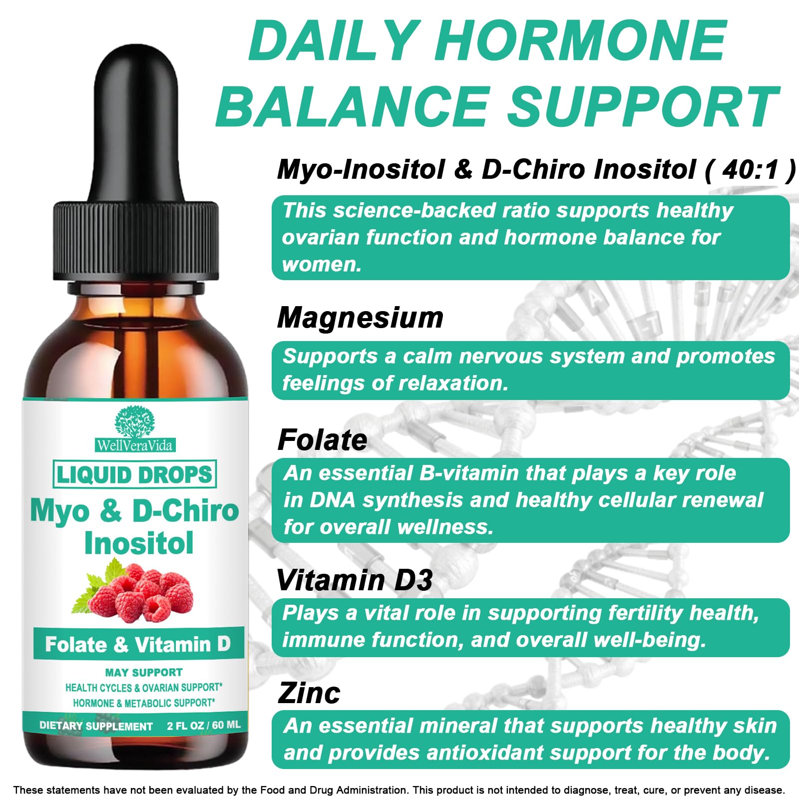 Myo Inositol & D-Chiro Inositol Supplement Liquid for Women- Ideal 40:1 Ratio Inositol Drops with MTHF Folate, Magnesium, Vitamin D, Supports Hormone Balance, Regular Cycles & Ovarian Health丨Vegan WellVeraVidaAu supplements