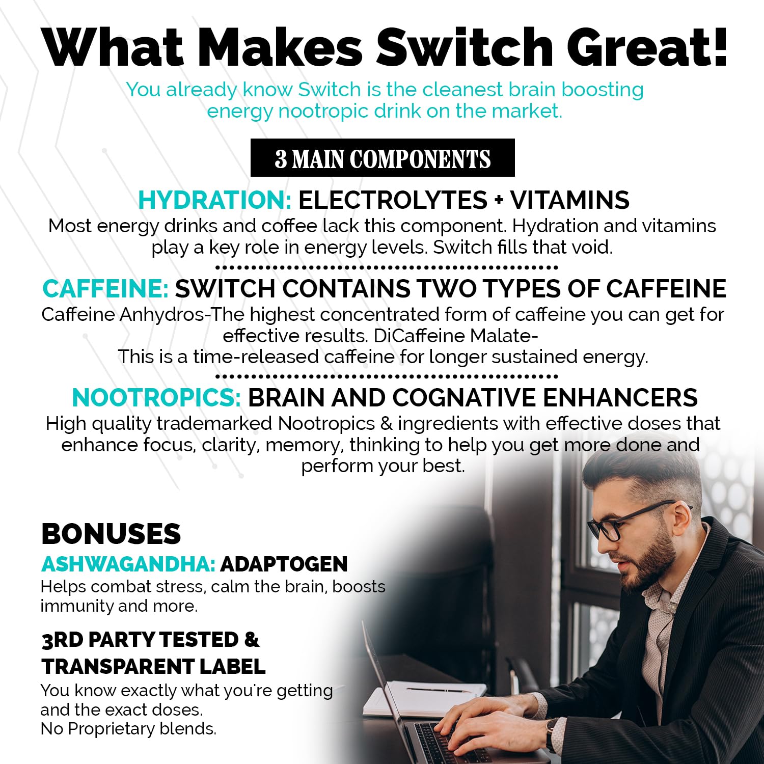 Switch, Brain Boosting Nootropic Energy Supplement Powder - Made in USA - Alpha GPC, NALT, Ashwagandha, Sugar Free Energy, Keto, Increase Mental Focus & Cognitive Function, Enhances Mood & Memory CoreBody NutritionAu supplements