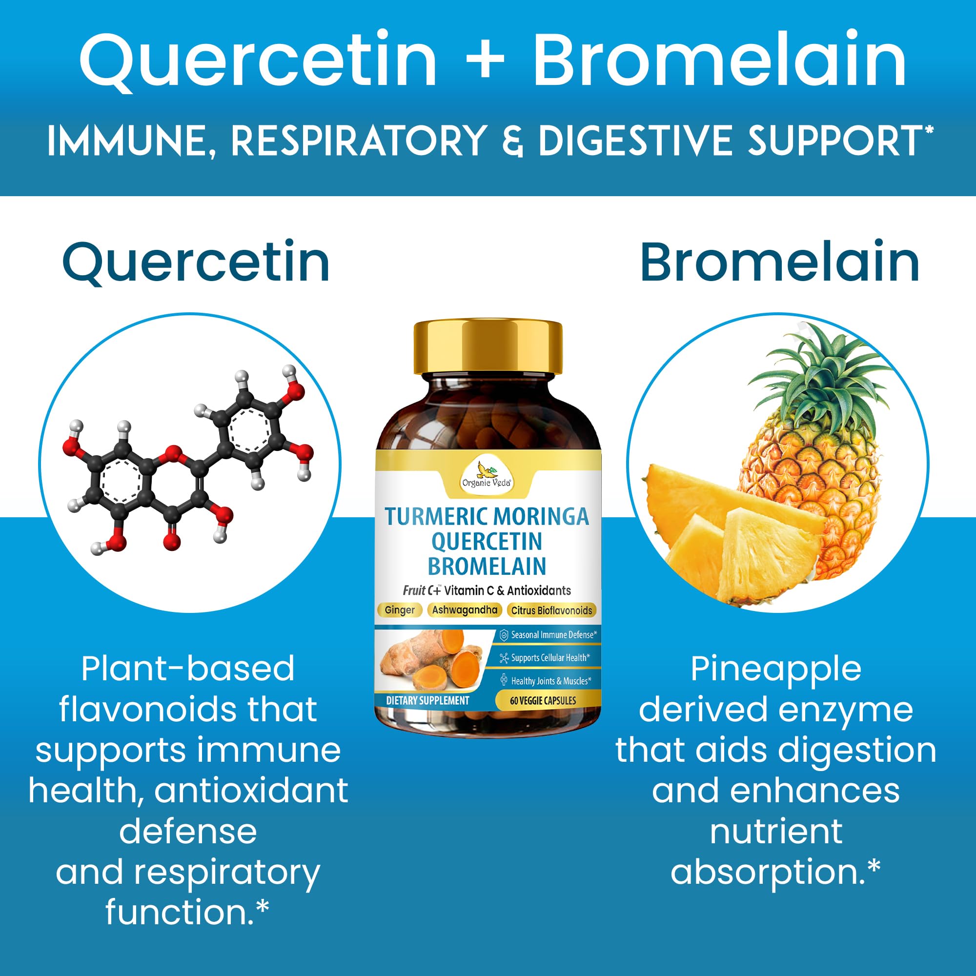 Organic Veda Turmeric Moringa Quercetin with Bromelain Capsules - Fruit C+ Vitamin C Antioxidants Immune System & Respiratory Supplement - Ashwagandha, Ginger, Citrus Bioflavonoids, 60 Vegan Capsule Organic VedaAu supplements