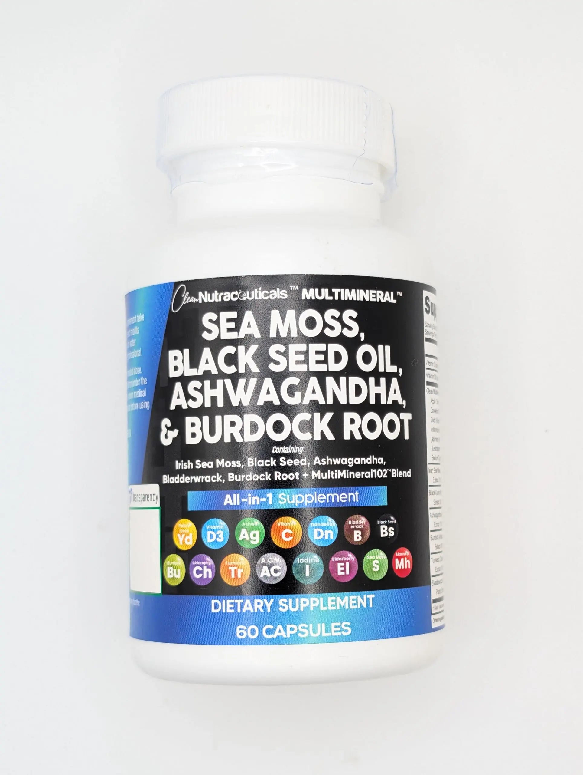 Sea Moss Black Seed Oil Ashwagandha Turmeric Bladderwrack Burdock & Vitamin C Vitamin D3 with Elderberry Manuka Dandelion Yellow Dock Iodine Chlorophyll ACV - 5Pack Clean Nutraceuticalsnz supplements