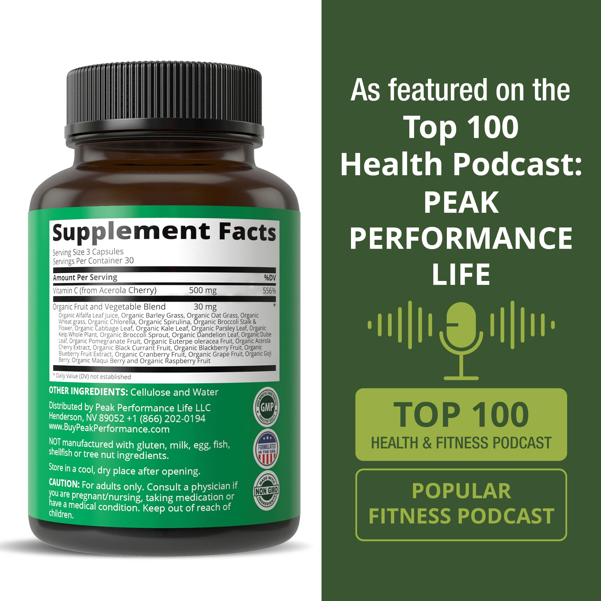 Peak Performance Raw Whole Food Natural Vitamin C Capsules from Acerola Cherry for Max Absorption. Vegan USA Sourced Vitamin C Supplement 90 Pills. 500 mg Serving or 2 Servings 1000mg Peak PerformanceAu supplements