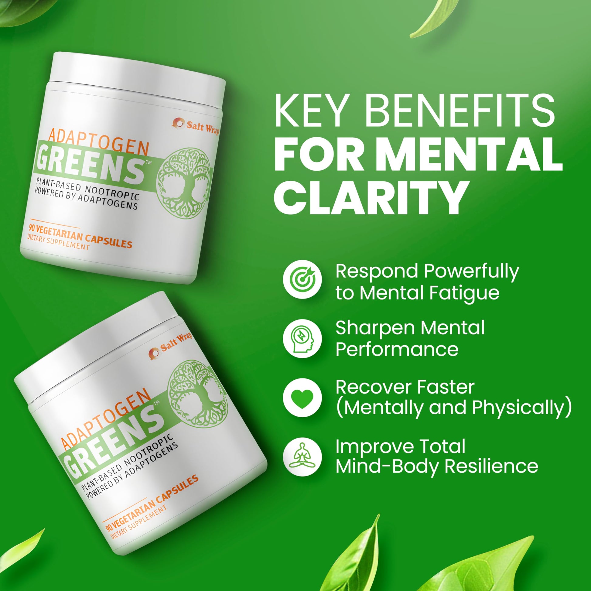 SaltWrap Adaptogen Greens - Mind-Body Resilience Formula - Caffeine-Free Nootropic for Stress, Focus, and Cognitive Performance - 90 Capsules SaltWrapAu supplements