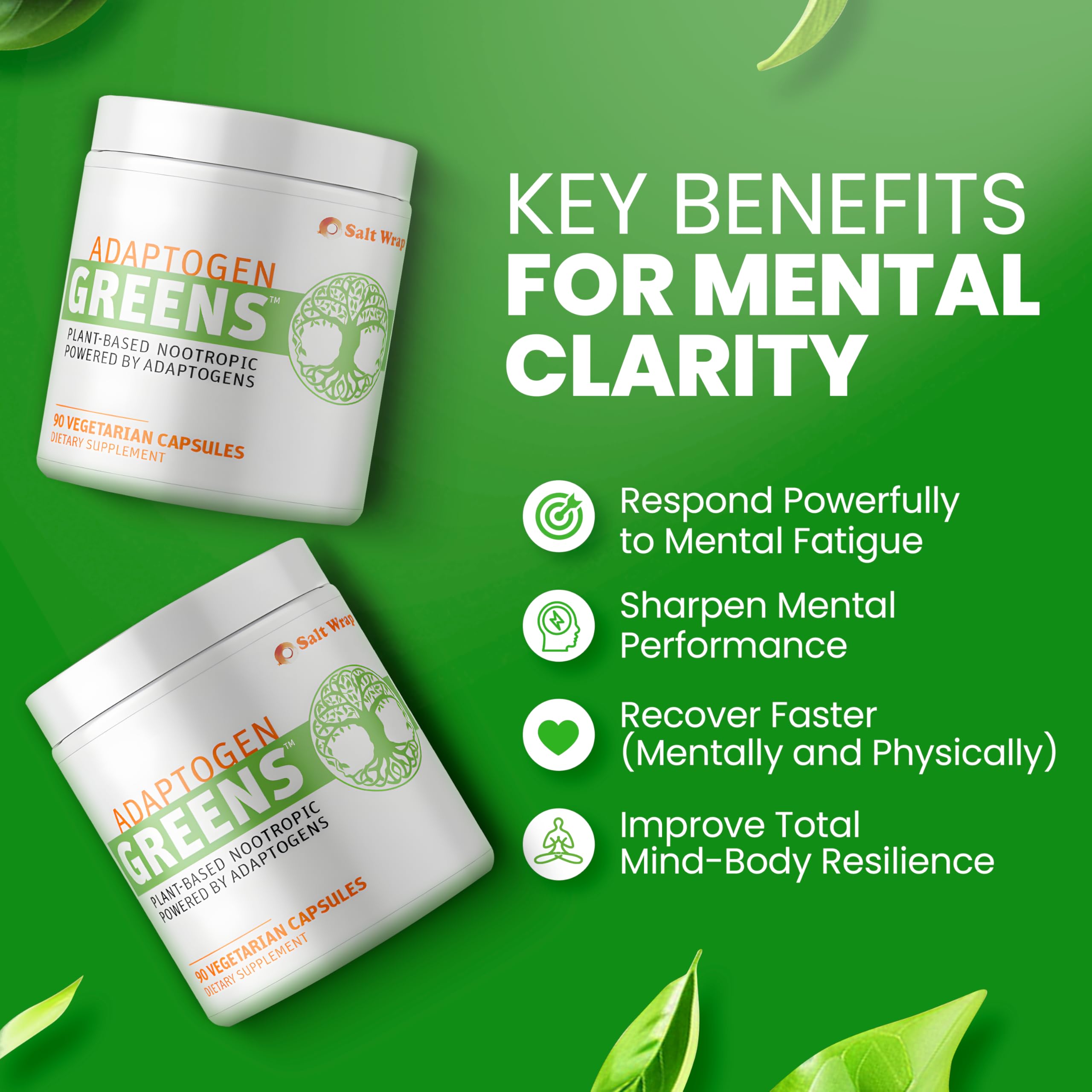SaltWrap Adaptogen Greens - Mind-Body Resilience Formula - Caffeine-Free Nootropic for Stress, Focus, and Cognitive Performance - 90 Capsules SaltWrapAu supplements