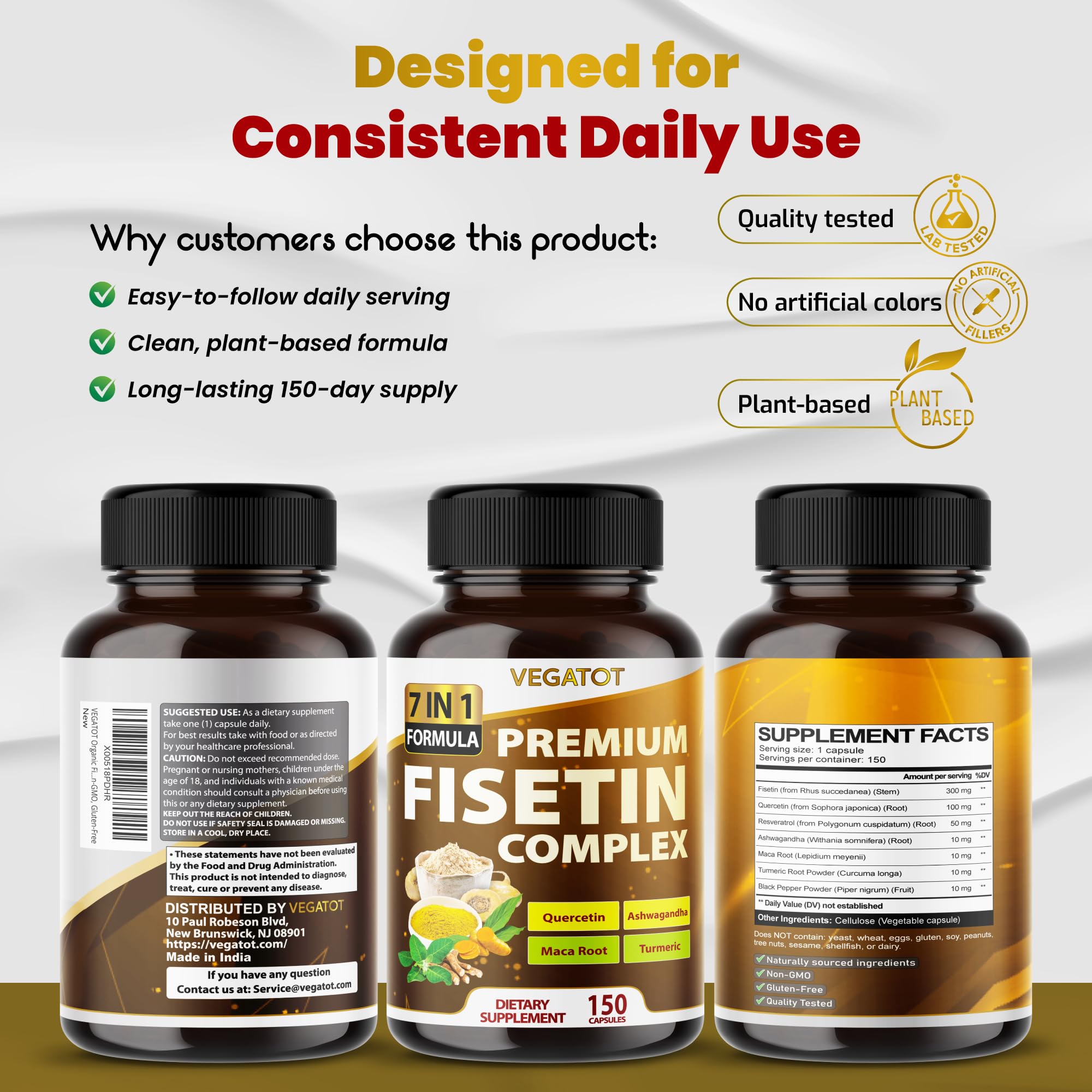 VEGATOT Organic Fisetin Complex 7-in-1 Formula | with Quercetin, Resveratrol, Ashwagandha, Maca Root, Turmeric, Black Pepper | 150 Capsules | Non-GMO, Gluten-Free VEGATOTAu supplements