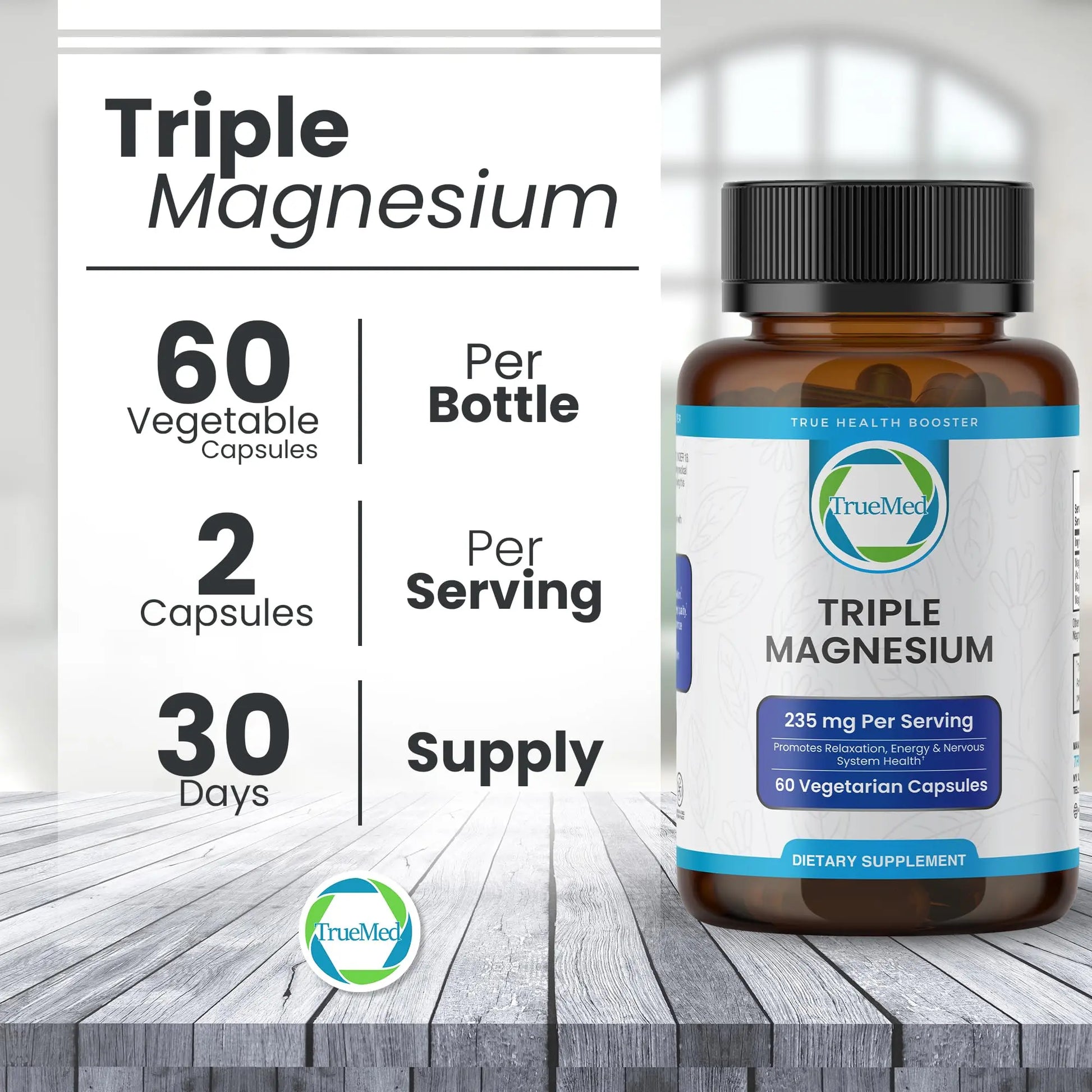 Truemed Triple Magnesium Complex Supplement 235mg with Magnesium Citrate, Malate & Lysinate Chelate | Magnesium Supplement for Sleep, Muscle Relaxation, Energy & Nerve Support | 60 Capsules, USA Made TRUEMEDnz supplements