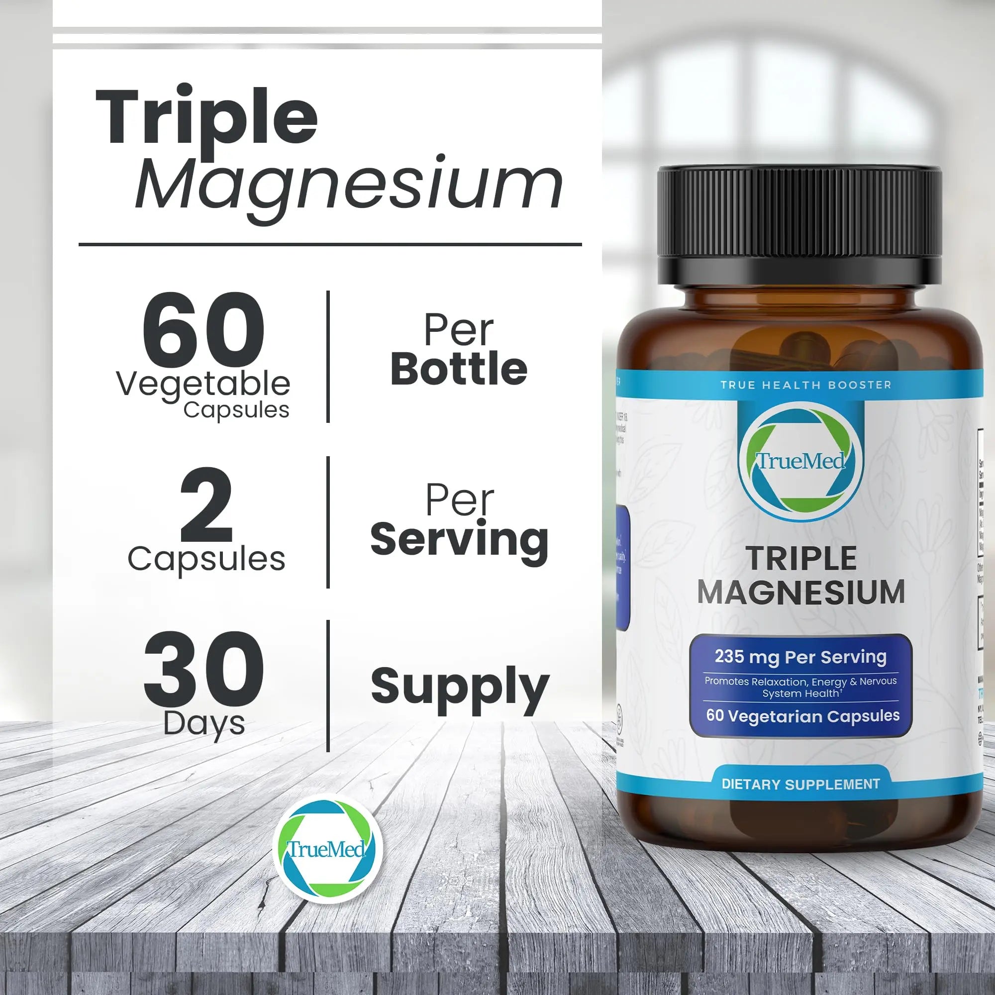 Truemed Triple Magnesium Complex Supplement 235mg with Magnesium Citrate, Malate & Lysinate Chelate | Magnesium Supplement for Sleep, Muscle Relaxation, Energy & Nerve Support | 60 Capsules, USA Made TRUEMEDnz supplements