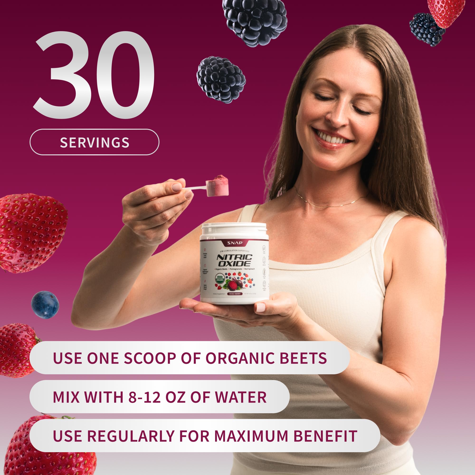 Snap Supplements Organic Beet Root Powder Nitric Oxide Supplement for Men & Women, Red Spinach & Pomegranate, Supports Healthy Energy & Blood Pressure Already in Normal Range, 30 Servings, Mixed Berry Snap SupplementsAu supplements