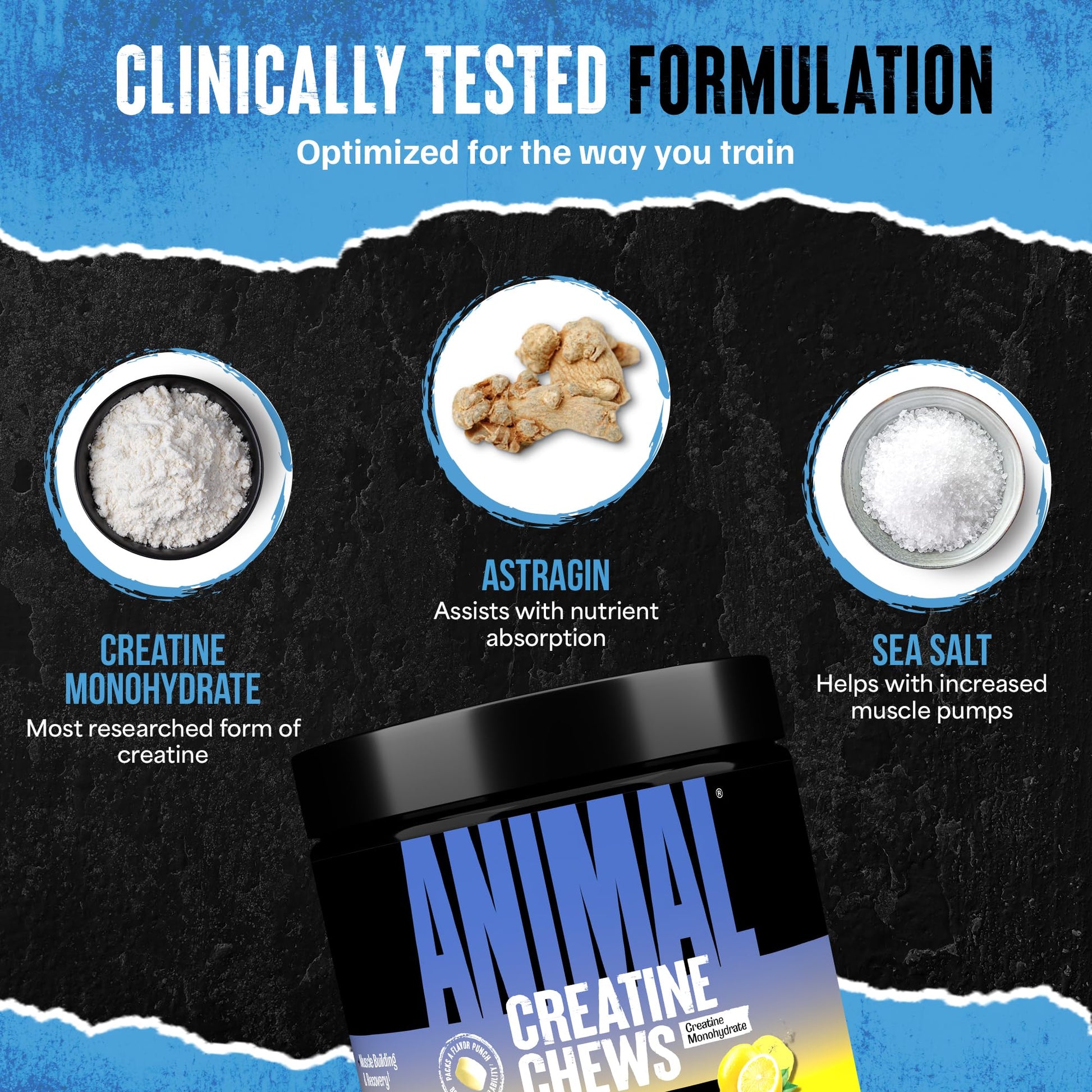 Animal Creatine Chews Tablets - Enhanced Creatine Monohydrate with AstraGin to Improve Absorption, Sea Salt for Added Pumps, Delicious and Convenient Chewable Tablets - Lemon Ice AnimalAu supplements