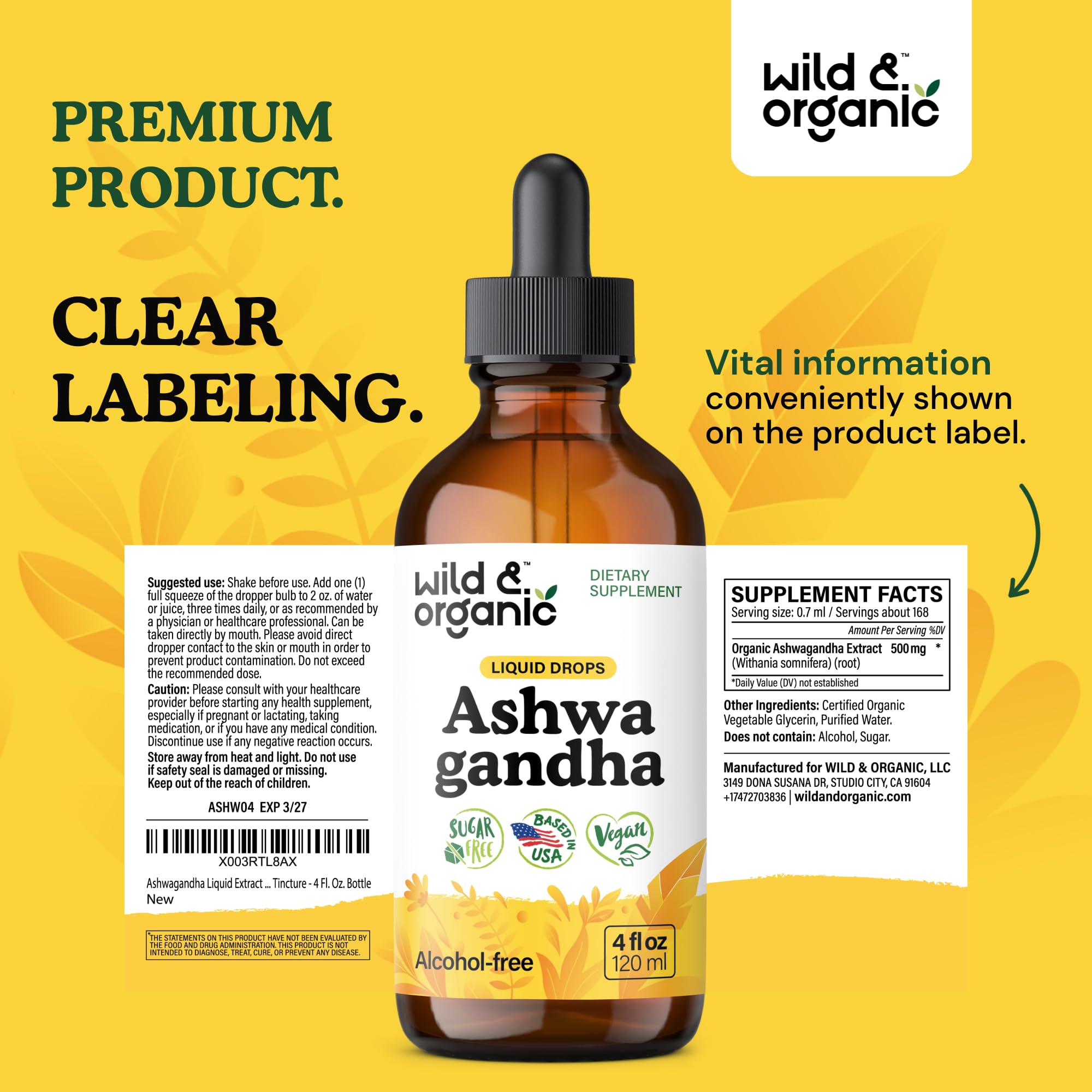 Wild & Organic Ashwagandha Drops - Mood Support & Positive Energy - 500 mg Ashwagandha for Women & Men - Add to Tea Liquid Extract for Relaxation - Non-GMO, Sugar & Alcohol-Free Tincture - 4 fl oz Wild & OrganicAu supplements