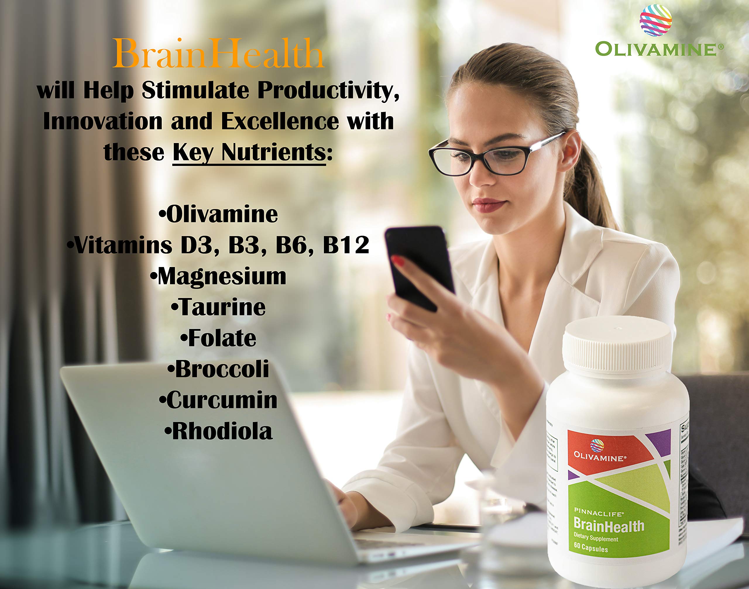 BrainHealth Brain Supplement - Amplify Memory, Increase Focus, Enhance Clarity & Gain Productivity For Men & Women, Olivamine, Vitamin D, Vitamin B6 & B12, Rhodiola Rosea, Magnesium, Taurine PinnaclifeAu supplements