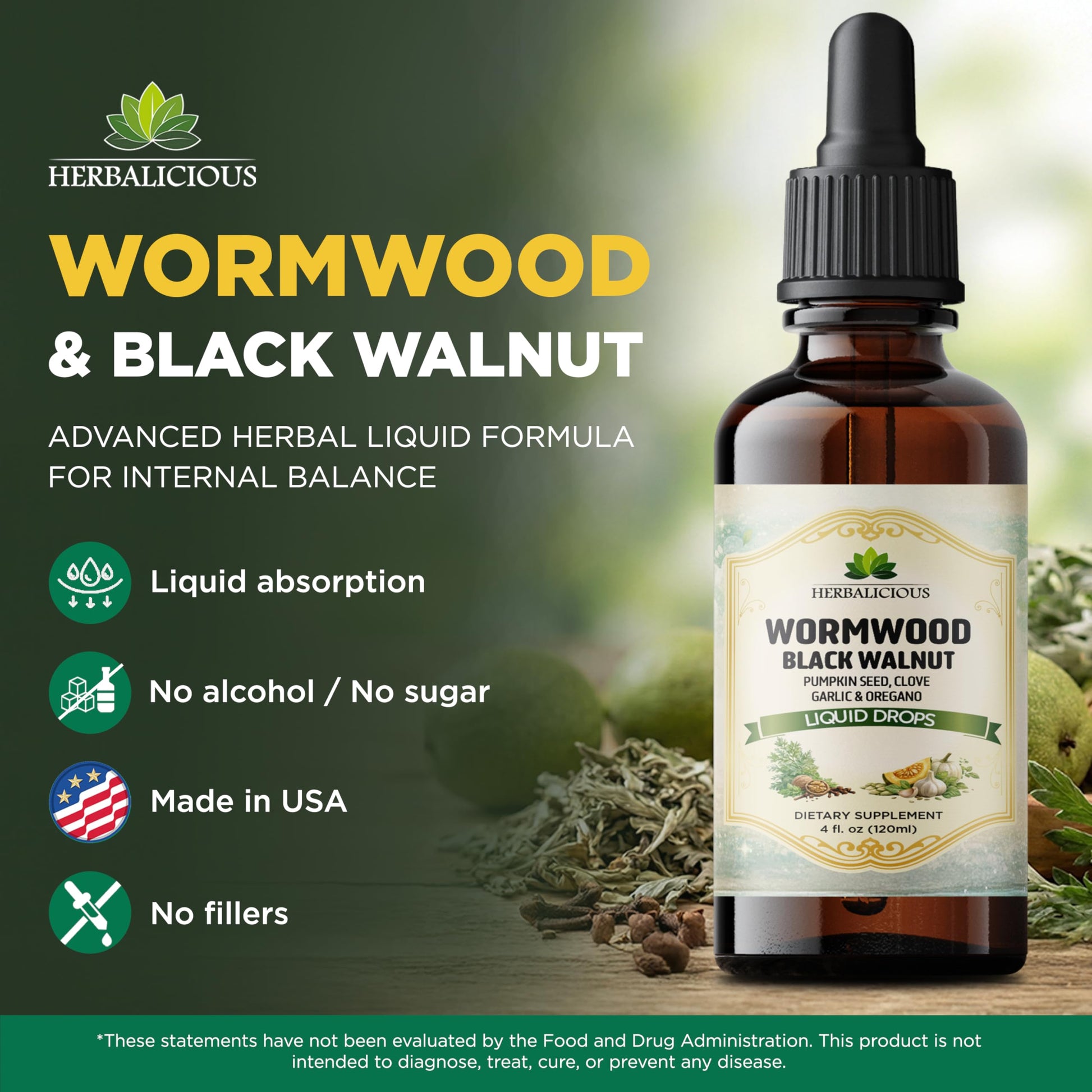 HEBRALICIOUS Wormwood Black Walnut Liquid Drops – Herbal Blend with Pumpkin Seed, Clove, Garlic & Oregano Oil – Alcohol Free Herbal Tincture – Liquid Dietary Supplement, 4 fl oz (120ml) HERBALICIOUSAu supplements