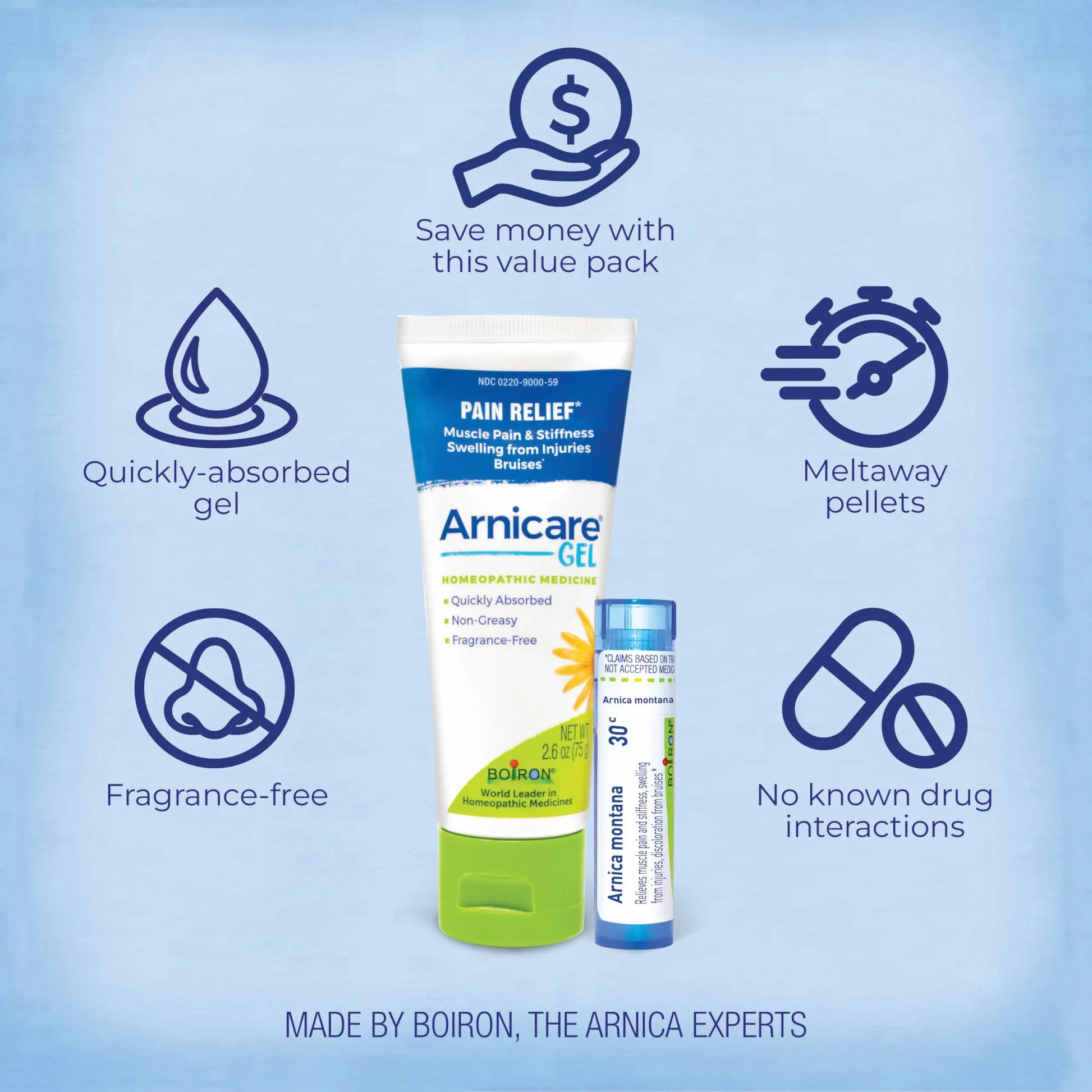 Boiron Arnicare Gel and Arnica 30c Value Pack for Pain Relief, Muscle Soreness, and Swelling from Bruising or Injury - 2.6 oz + 80 Pellet Tube BoironAu supplements