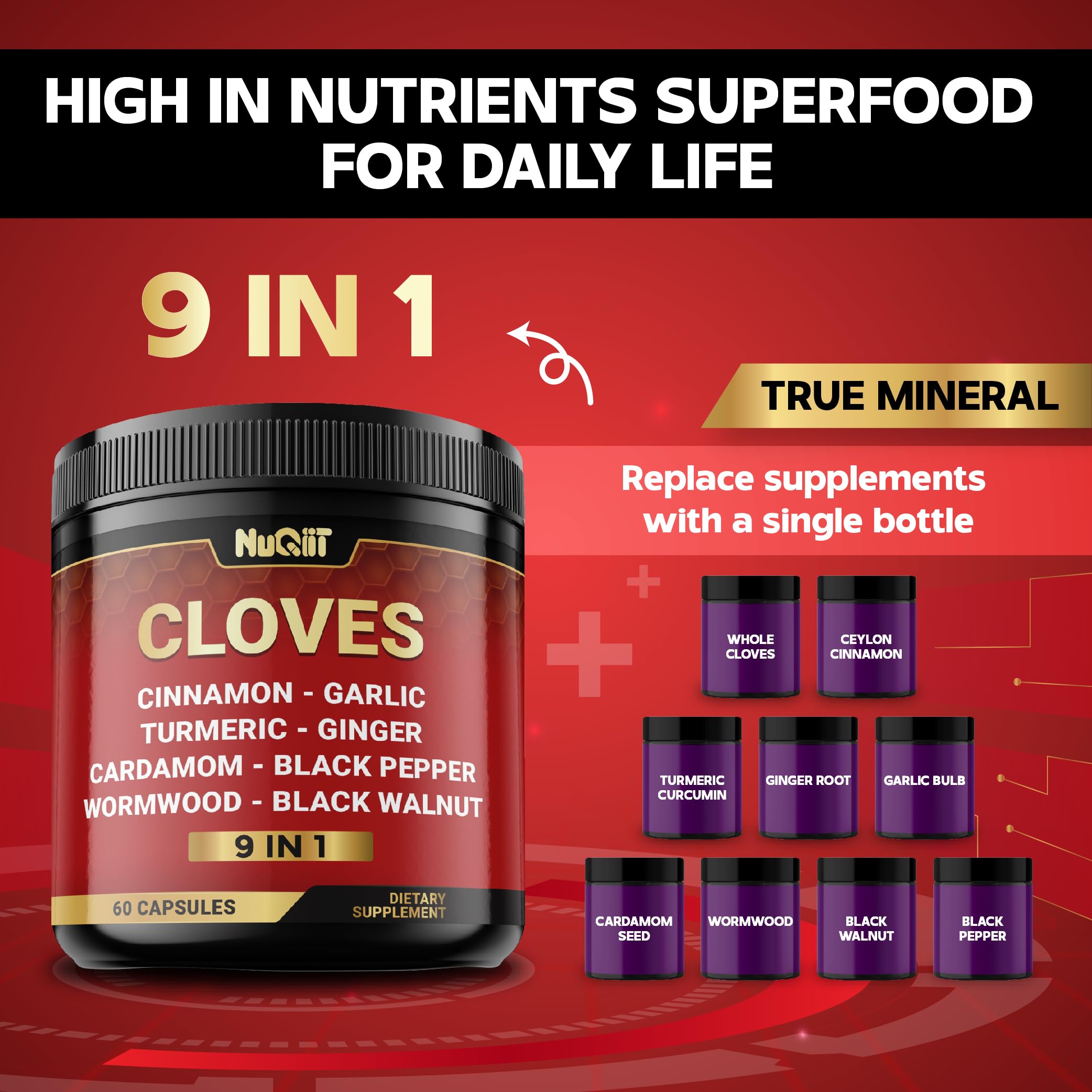 9in1 Clove Supplement Rich in Vitamins & Minerals for Digestive, Immune System, Bone & Heart Health with Cinnamon, Turmeric, Ginger, Cardamom, Garlic, Wormwood, Black Walnut - 60 Capsules - 30 Days NUQIITAu supplements
