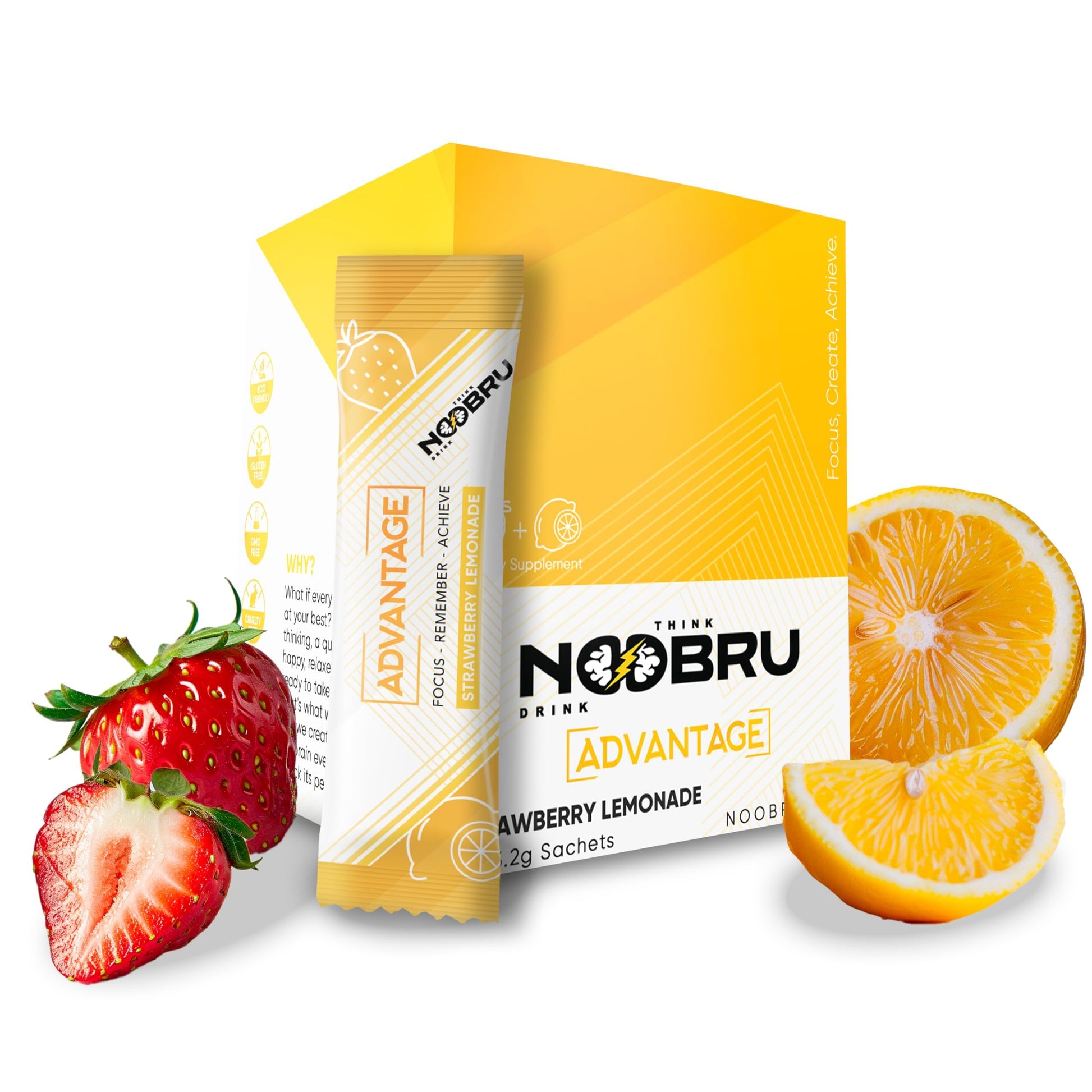 Noobru Аdvantage Nootropic - Delicious Nootropics Brain Supplement with 11 Active Ingredients - Natural Cognitive Enhancer - 20 Strawberry Lemonade Sachets - 1 Month Supply, 20 Count (Pack of 1) NoobruAu supplements