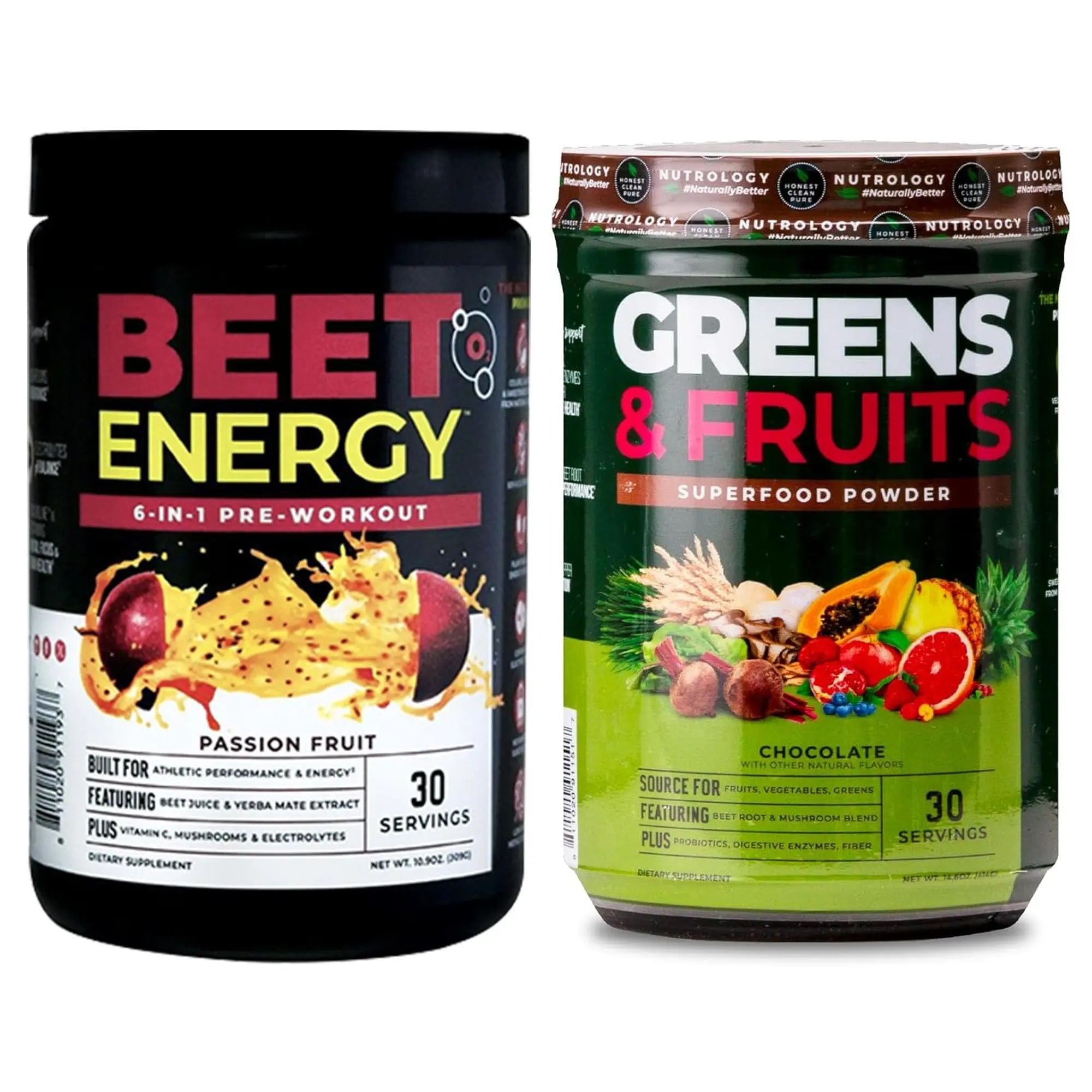 Nutrology Greens & Fruits Powder-Naturally Sourced Superfood, Chocolate (30 Servings) Beet Natural O2, Pre Workout Powder, Passion Fruit Flavor (30 Servings) NutrologyAu supplements