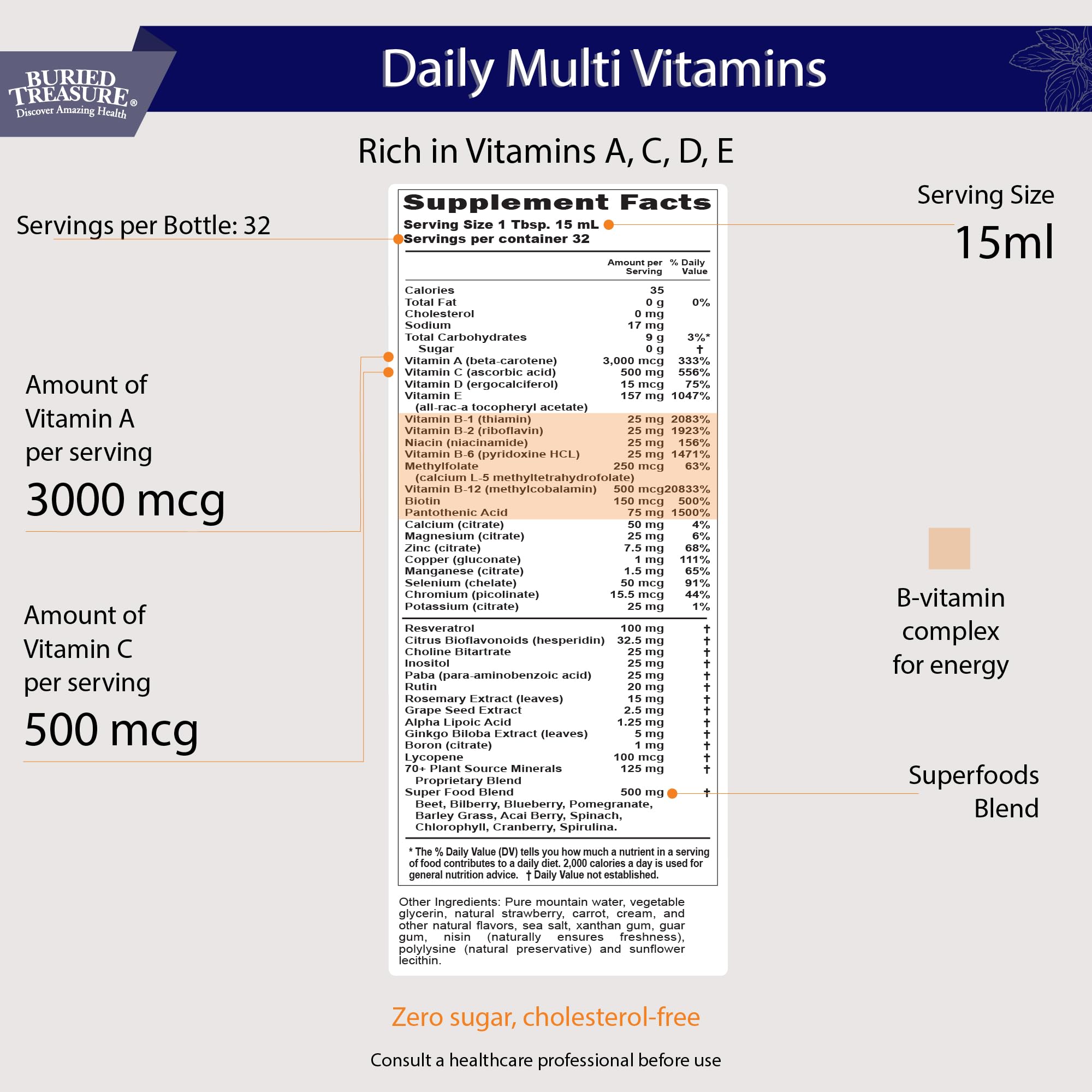 Buried Treasure Daily Nutrition Liquid Multivitamin and Mineral Supplement with Trace Minerals, Superfoods, Vitamin A, B-Complex, C, D, E, Methylfolate, Biotin, Magnesium, Zinc, Resveratrol, 32 serv Buried TreasureAu supplements