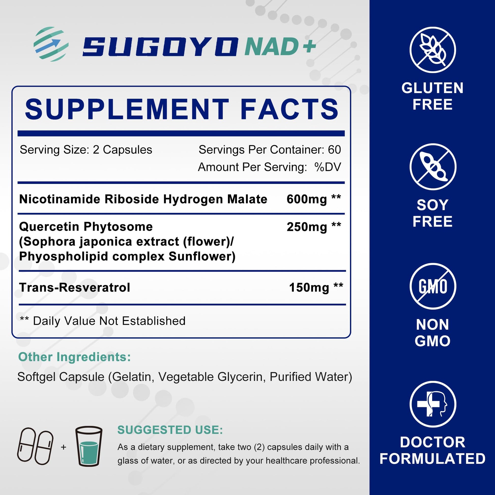 SUGOYO NAD+ Supplement 1000mg Liposomal Nicotinamide Riboside Enhanced with Resveratrol & Quercetin, Anti-Aging & Energy Boost, NMN Alternative, NAD Supplement for Women & Men (60 Count (Pack of 1)) SUGOYOAu supplements