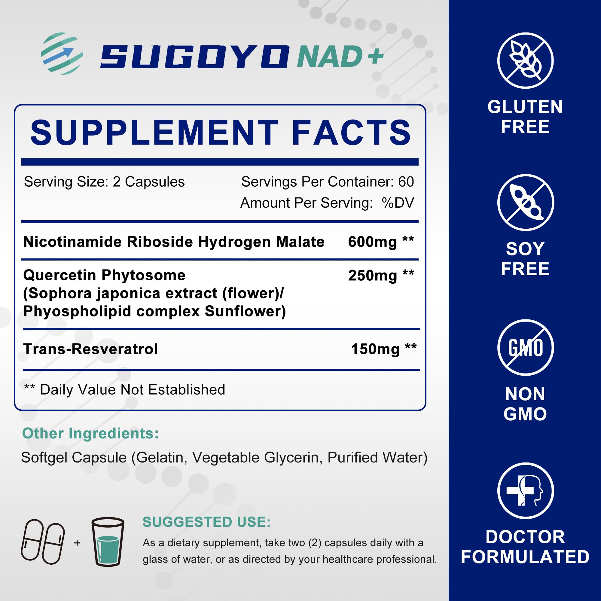 SUGOYO NAD+ Supplement 1000mg Liposomal Nicotinamide Riboside Enhanced with Resveratrol & Quercetin, Anti-Aging & Energy Boost, NMN Alternative, NAD Supplement for Women & Men (60 Count (Pack of 1)) SUGOYOAu supplements