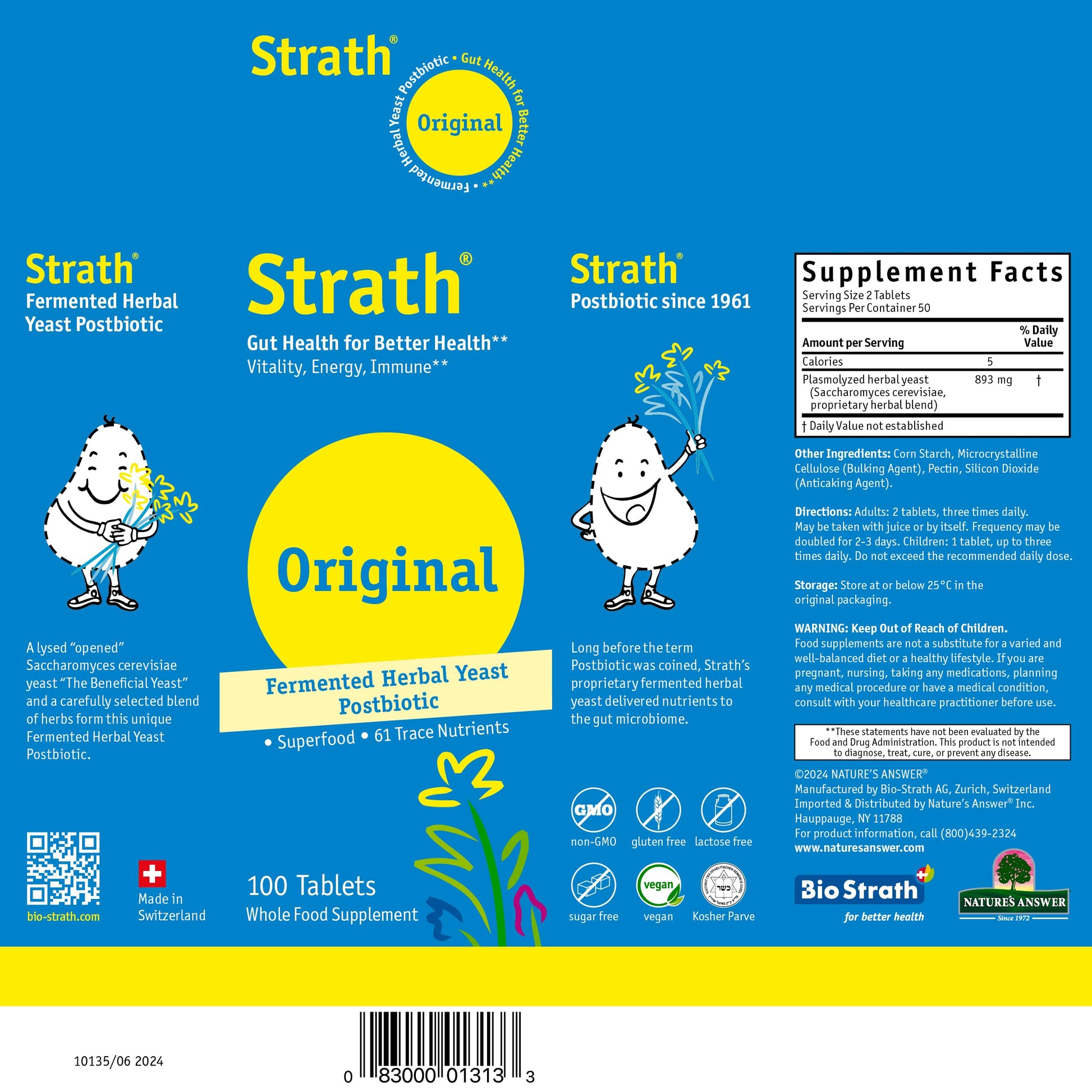 Strath Nutritional Yeast Tablets - Vegetarian, Lactose Free, Artificial Additive Free - Digestive Support, Nutrient Absorption - Unflavored Daily Supplement - Prebiotic and Postbiotic Bio-StrathAu supplements