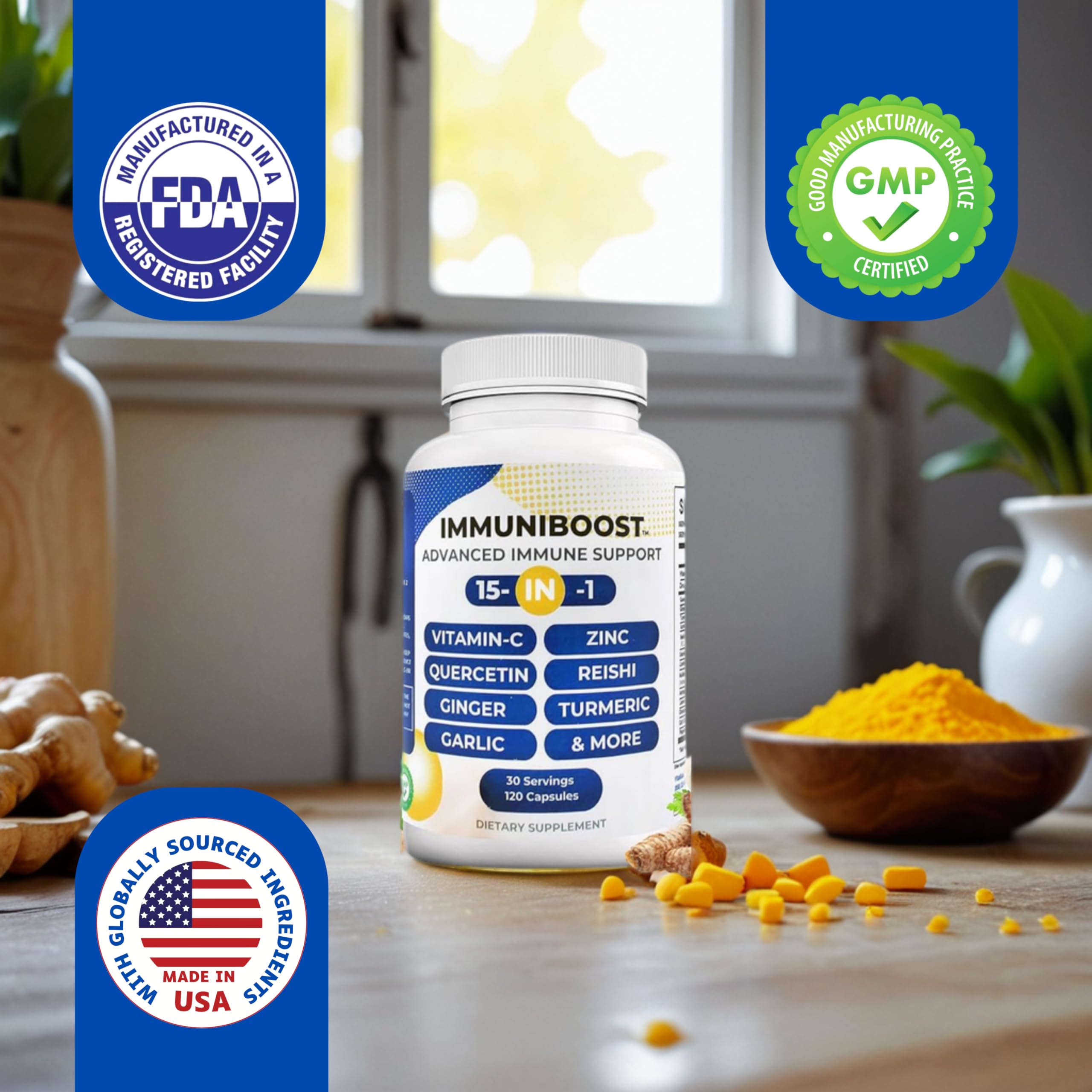 15 in 1 Immune Support Supplement 120 Capsules with Powerful Blend of Turmeric, Ginger, Vitamin C and Zinc Immune Booster for Adults ImmuniBoostAu supplements