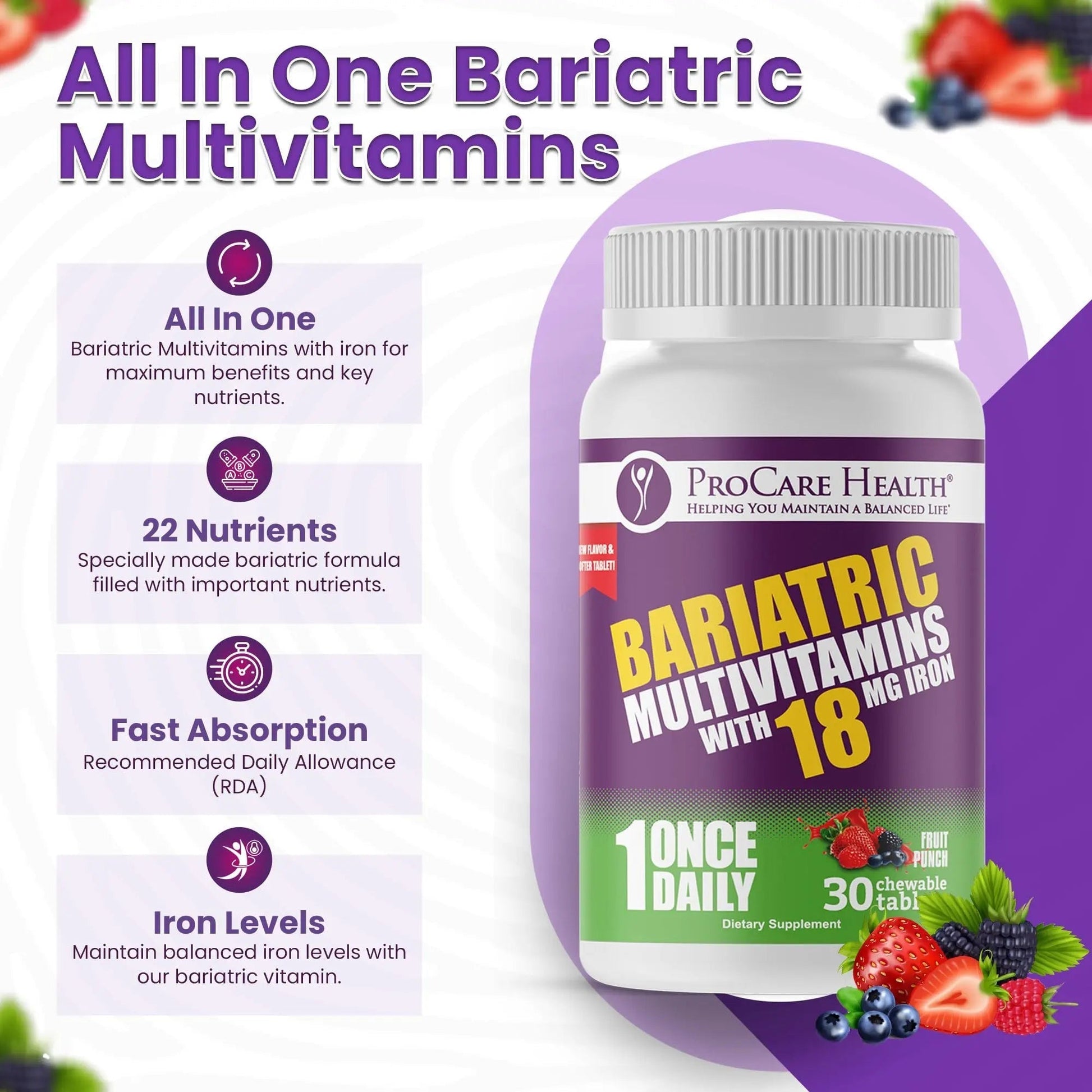 ProCare Health Bariatric Chewable Multivitamin with Iron 18mg (30 Tablets) - Fruit Punch Flavor Bariatric Multivitamin Chewable ProCare HealthAu supplements