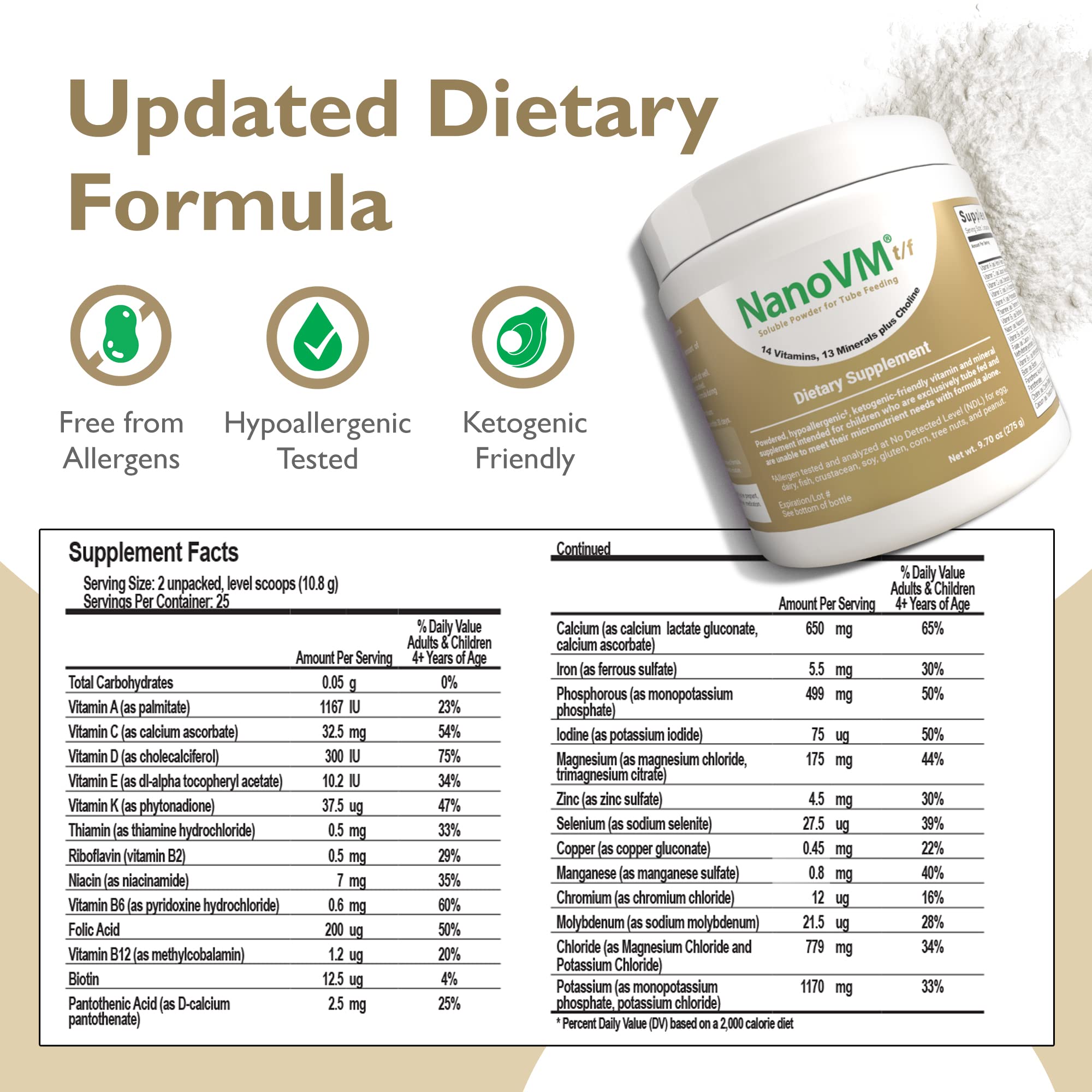 NanoVM t/f, Dietary Supplement for Tube Feeding, Allergen-Free Kids Multivitamin, Unflavored Vitamin Powder with 14 Vitamins & 13 Minerals, Low-Carb Kids Vitamins, 275g - Solace Nutrition NanoVMAu supplements