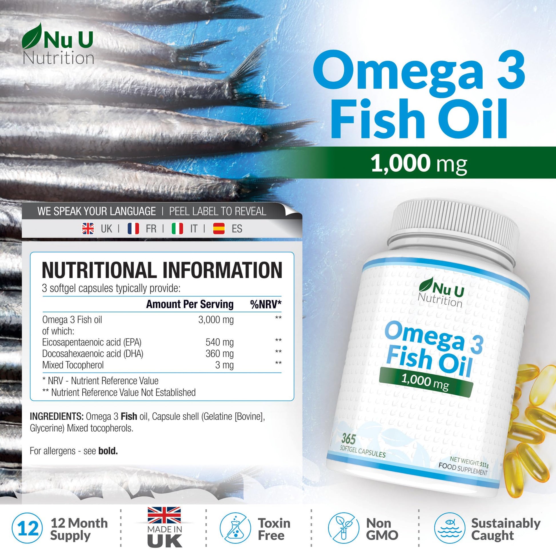 Omega 3 Fish Oil 1000mg - 365 Softgel Capsules - Up to 12 Month’s Supply - Pure Fish Oil Nu U NutritionUS supplements