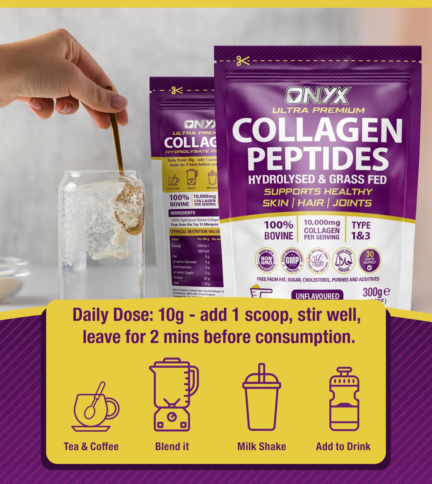 Collagen Powder 600g - 60 Servings - Collagen Peptides Supplement with High ONYX INGREDIENTS 101US supplements