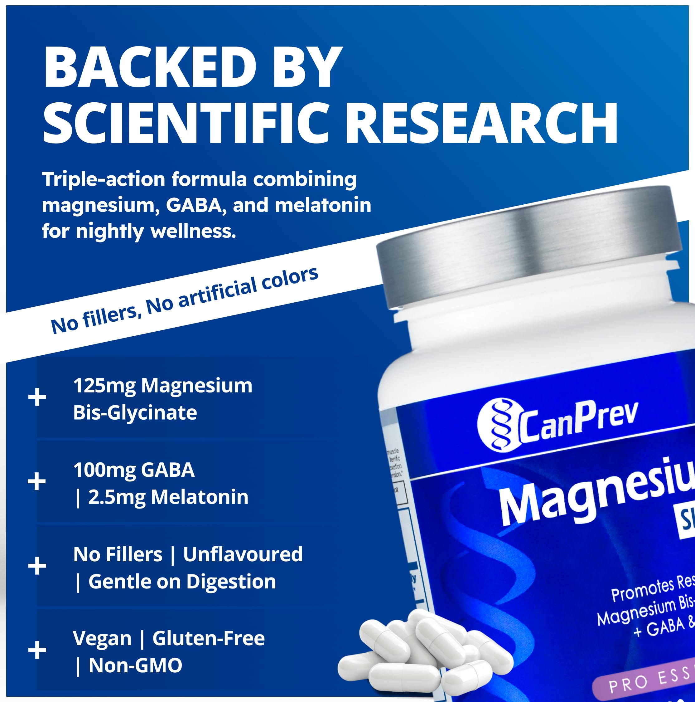 CanPrev Magnesium Bisglycinate Chelated + GABA & Melatonin, 120 Veg Caps, 120-Day Supply, Support Restful Night, Muscle Function, Promote Relaxation & Balanced Sleep-Wake Cycle, Vegan, No GMO & Gluten CanPrevAu supplements