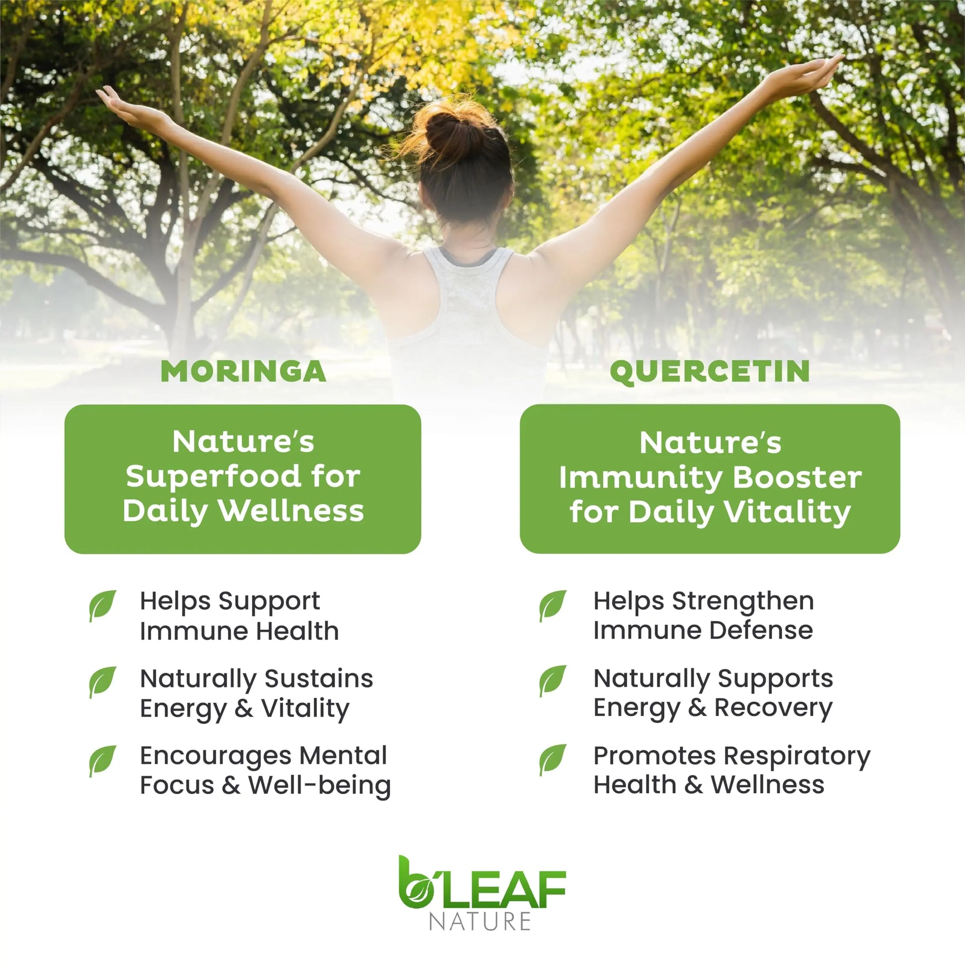 B'LEAF NATURE Moringa and Quercetin Bundle - Non-GMO, Vegan, High Absorption Capsules - 1000mg Quercetin Phytosome Blend + 1000mg Moringa - Natural Energy, Wellness and Immune Support Supplements B'LEAF NATUREnz supplements