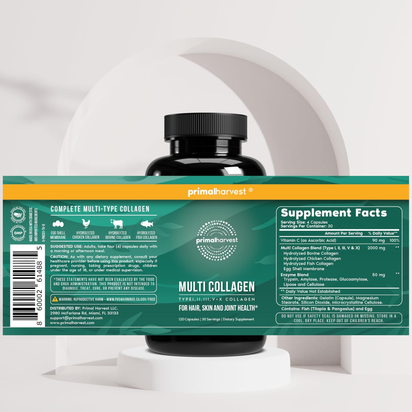 Primal Harvest Multi Collagen Pills for Women and Men (Type I, II, III, V, X) 120 Capsules w/Vitamin C for Hair, Skin, Nails Primal HarvestUS supplements