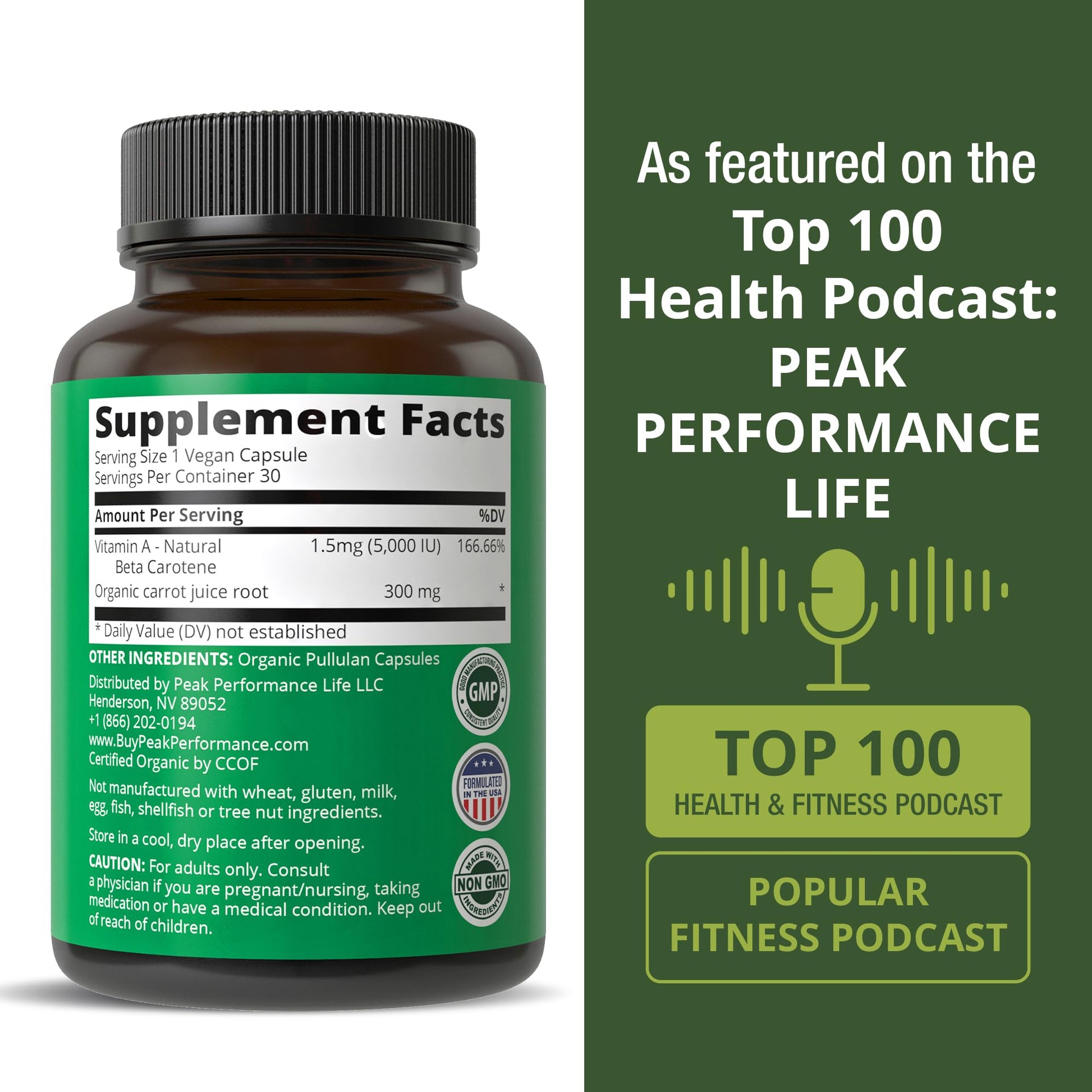 Certified Organic Vitamin A 5000 IU Supplement Capsules High Potency Vitamins. for Adults, Men, Women, Kids. Made with Carrot Juice. Great for Immune, Skin, Eye Support. Non GMO, Vegan Pills Peak PerformanceAu supplements