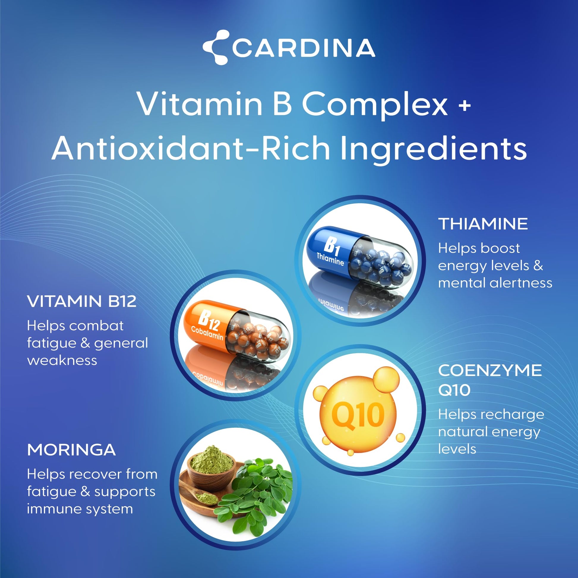 CARDINA B12 Vitamins for Women and Men - Brain Supplements for Memory and Focus with Thiamine B1 Supplement and COQ10 - Brain Memory Support - Non-GMO and Vegan B12 Supplement, 60 Ct CARDINAAu supplements