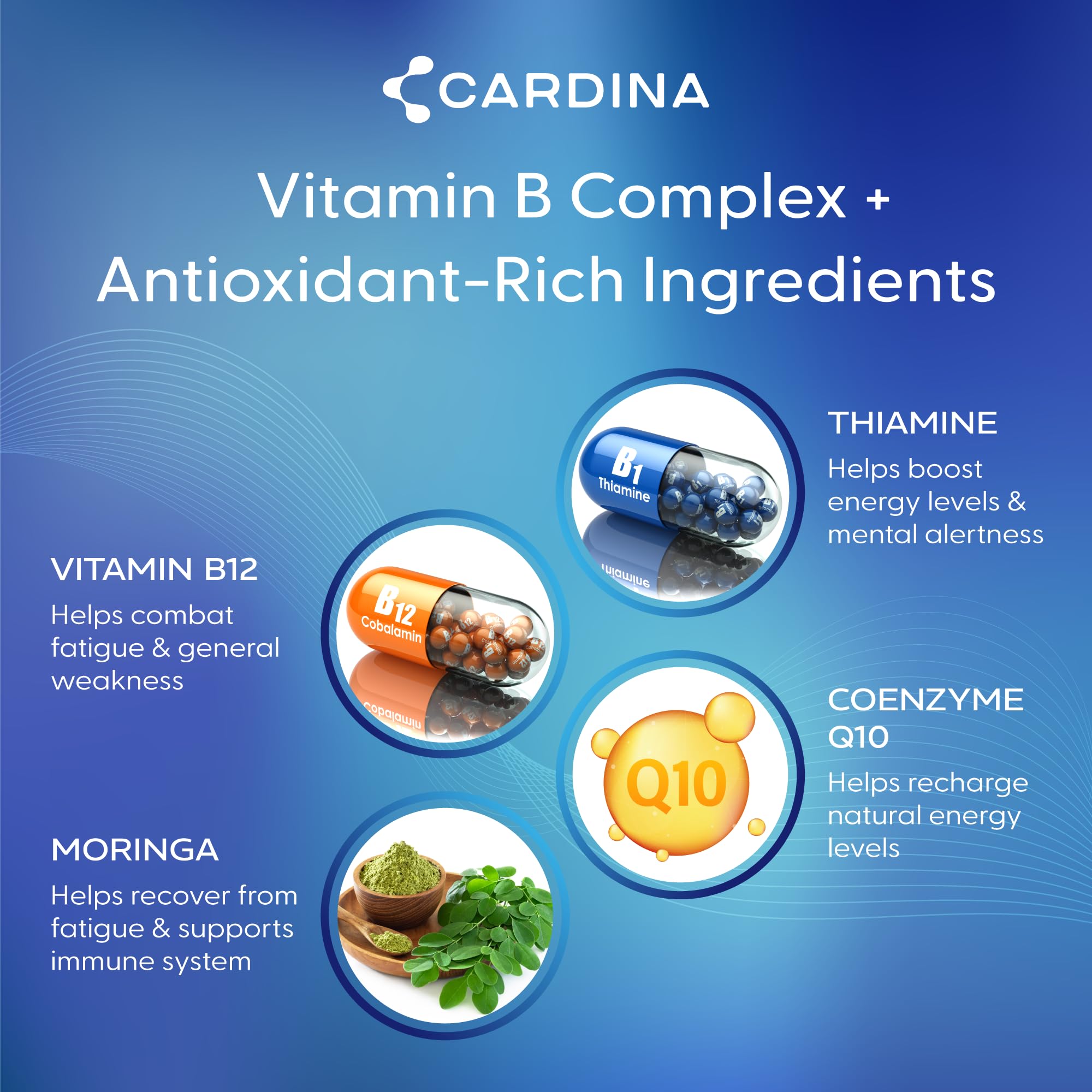 CARDINA B12 Vitamins for Women and Men - Brain Supplements for Memory and Focus with Thiamine B1 Supplement and COQ10 - Brain Memory Support - Non-GMO and Vegan B12 Supplement, 60 Ct CARDINAAu supplements