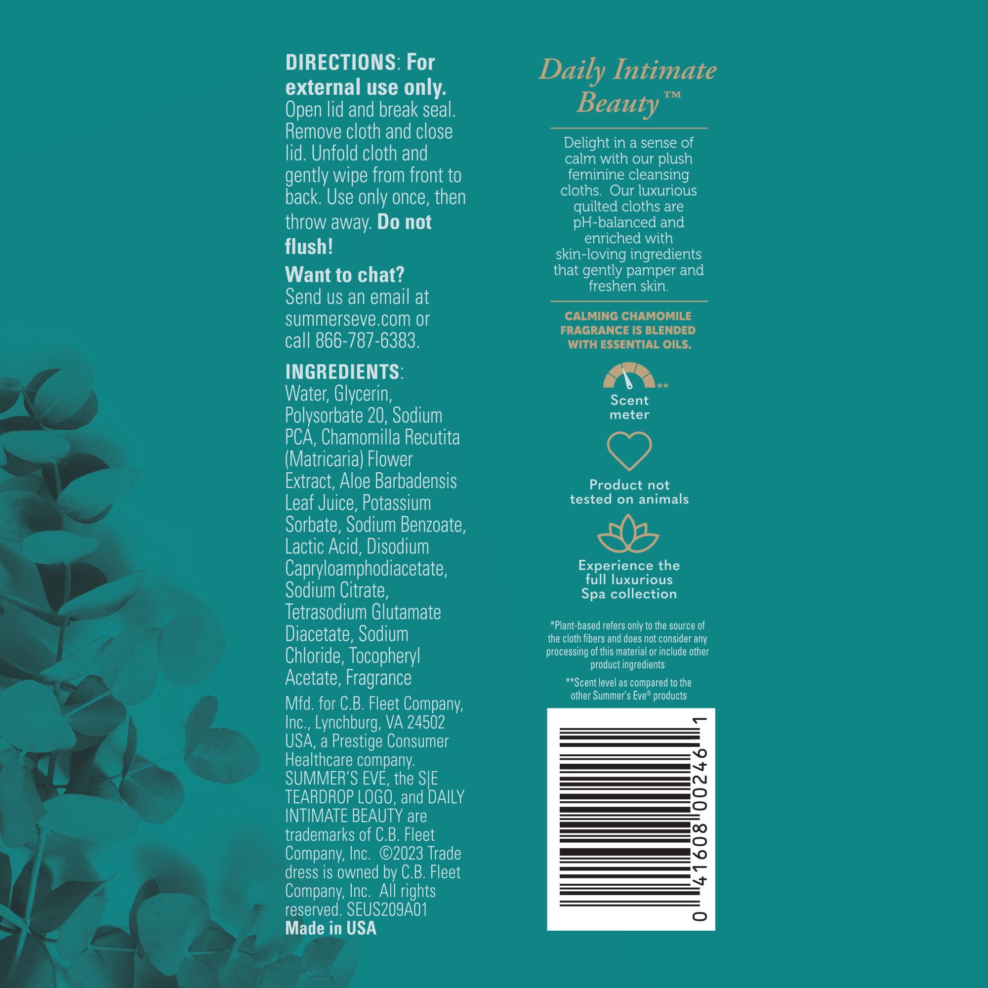 Summer's Eve Spa Calming Chamomile Feminine Wipes, 100% Plant Based*, pH balanced Plush Cloths Summer's EveAu supplements