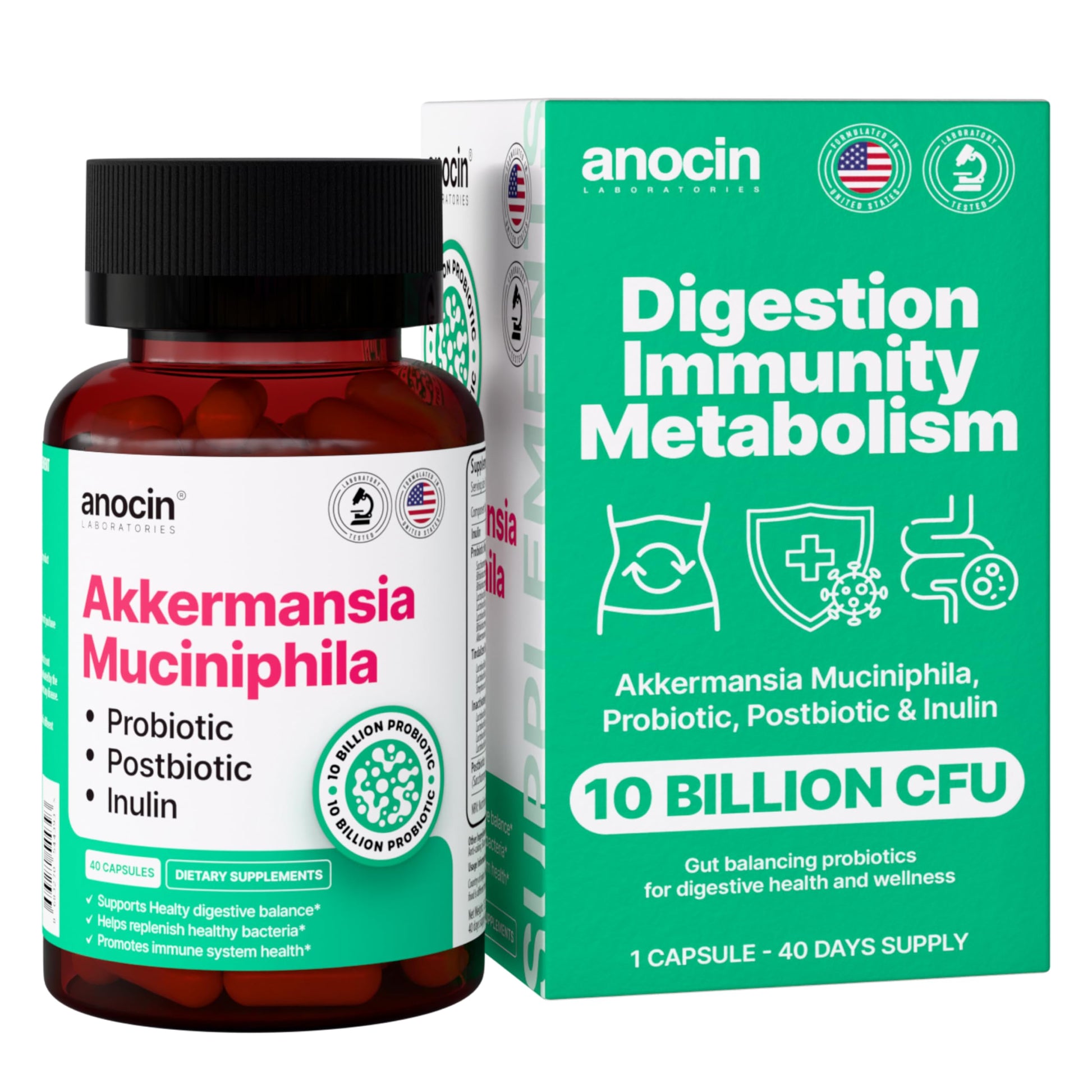 anocin Akkermansia Muciniphila + Probiotic, Postbiotic & Inulin - Gut Health Supplement for Digestion, Immune Support - 10 Billion CFU, Vegan & Gluten-Free anocinAu supplements