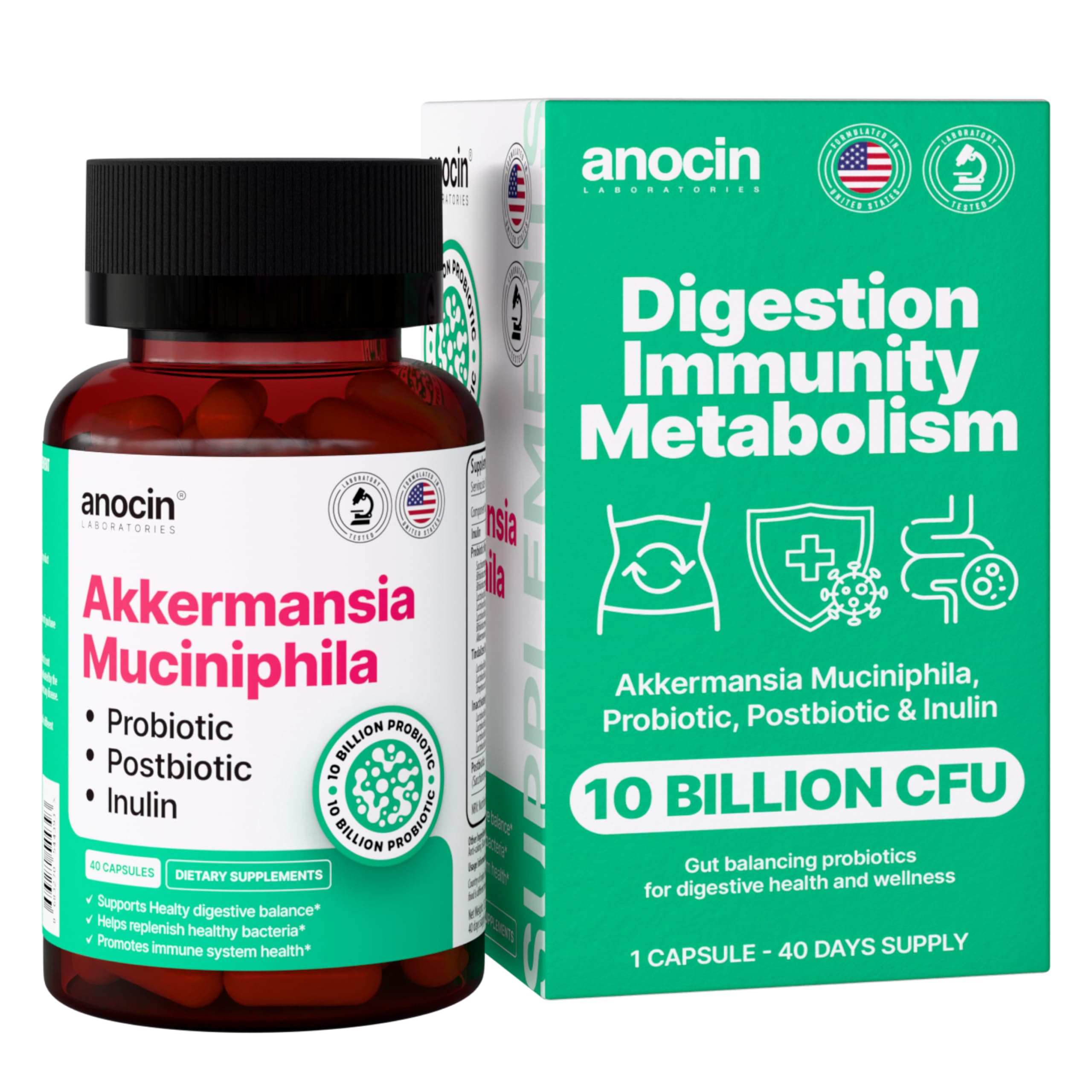 anocin Akkermansia Muciniphila + Probiotic, Postbiotic & Inulin - Gut Health Supplement for Digestion, Immune Support - 10 Billion CFU, Vegan & Gluten-Free anocinAu supplements